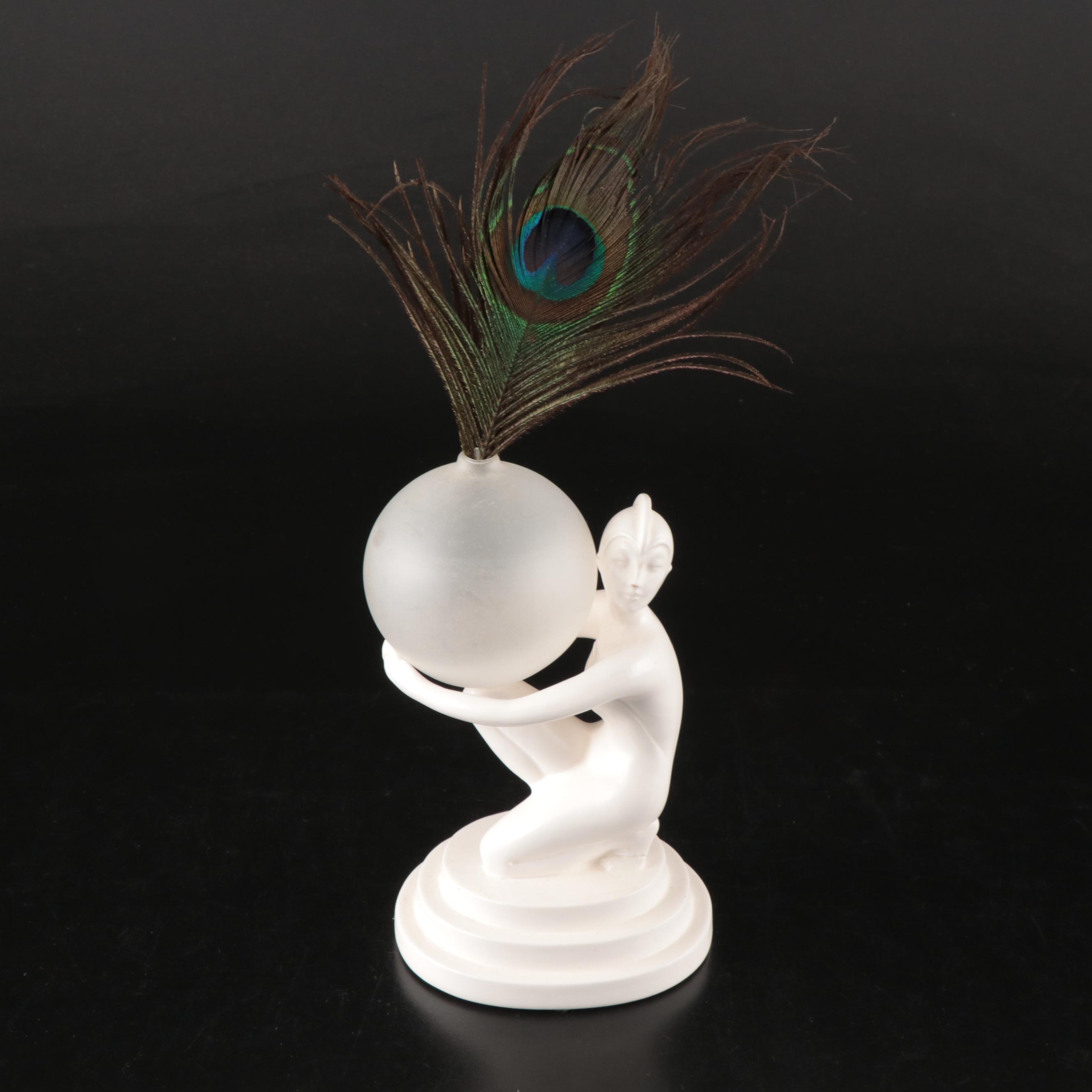 Vandor Porcelain and Glass Figural Bud Vase and Putto Ceramic Bud Vase