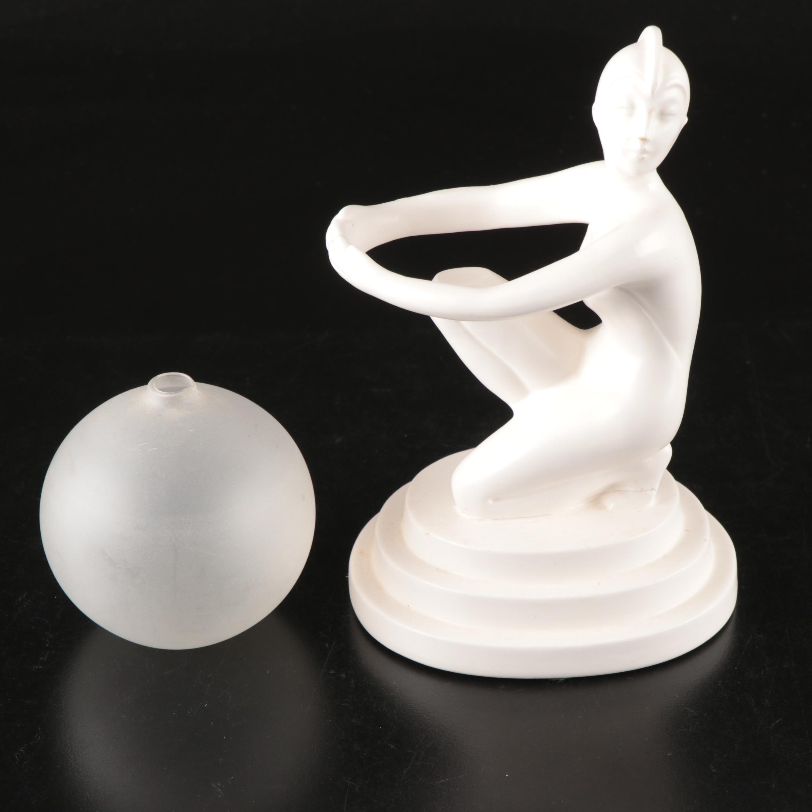 Vandor Porcelain and Glass Figural Bud Vase and Putto Ceramic Bud Vase