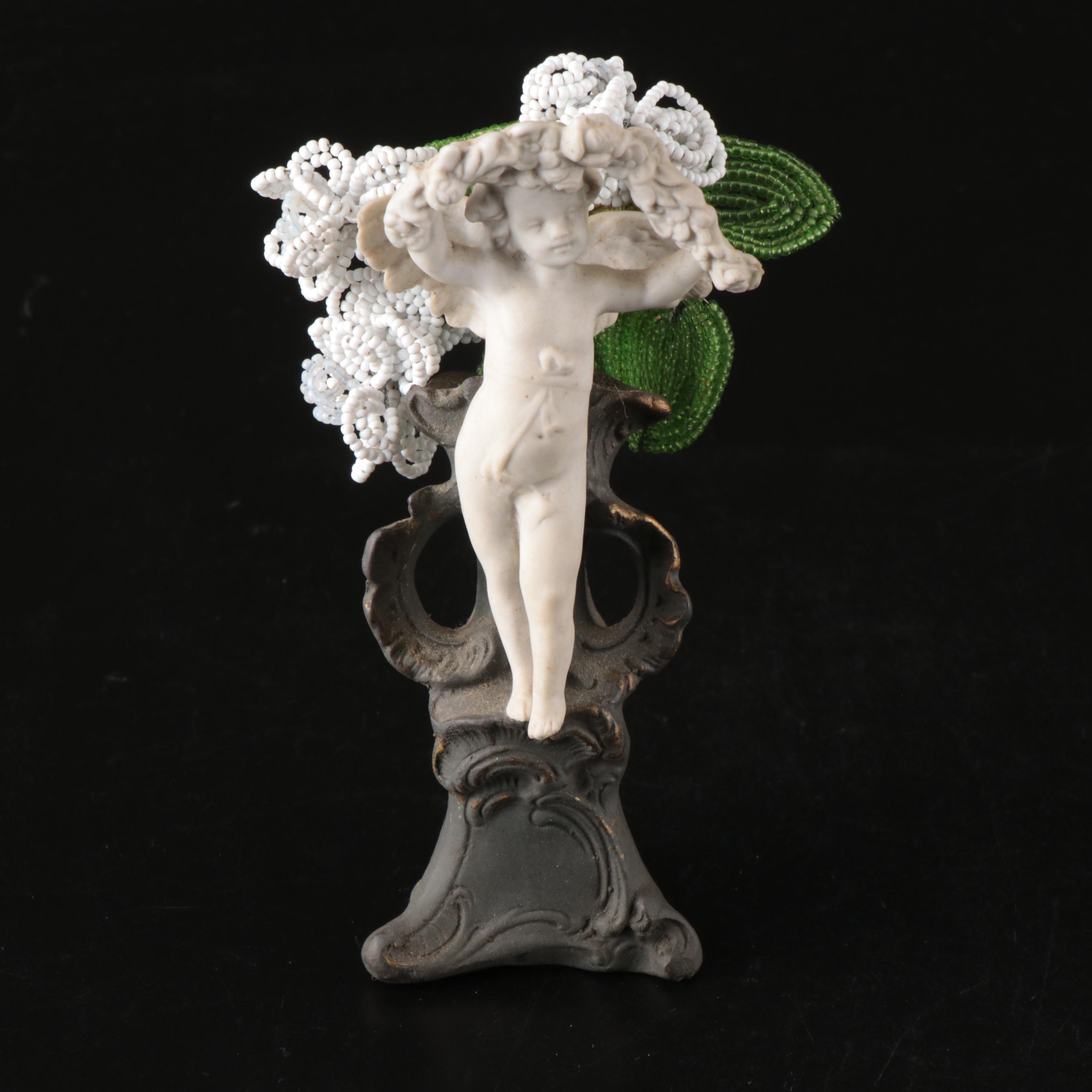 Vandor Porcelain and Glass Figural Bud Vase and Putto Ceramic Bud Vase