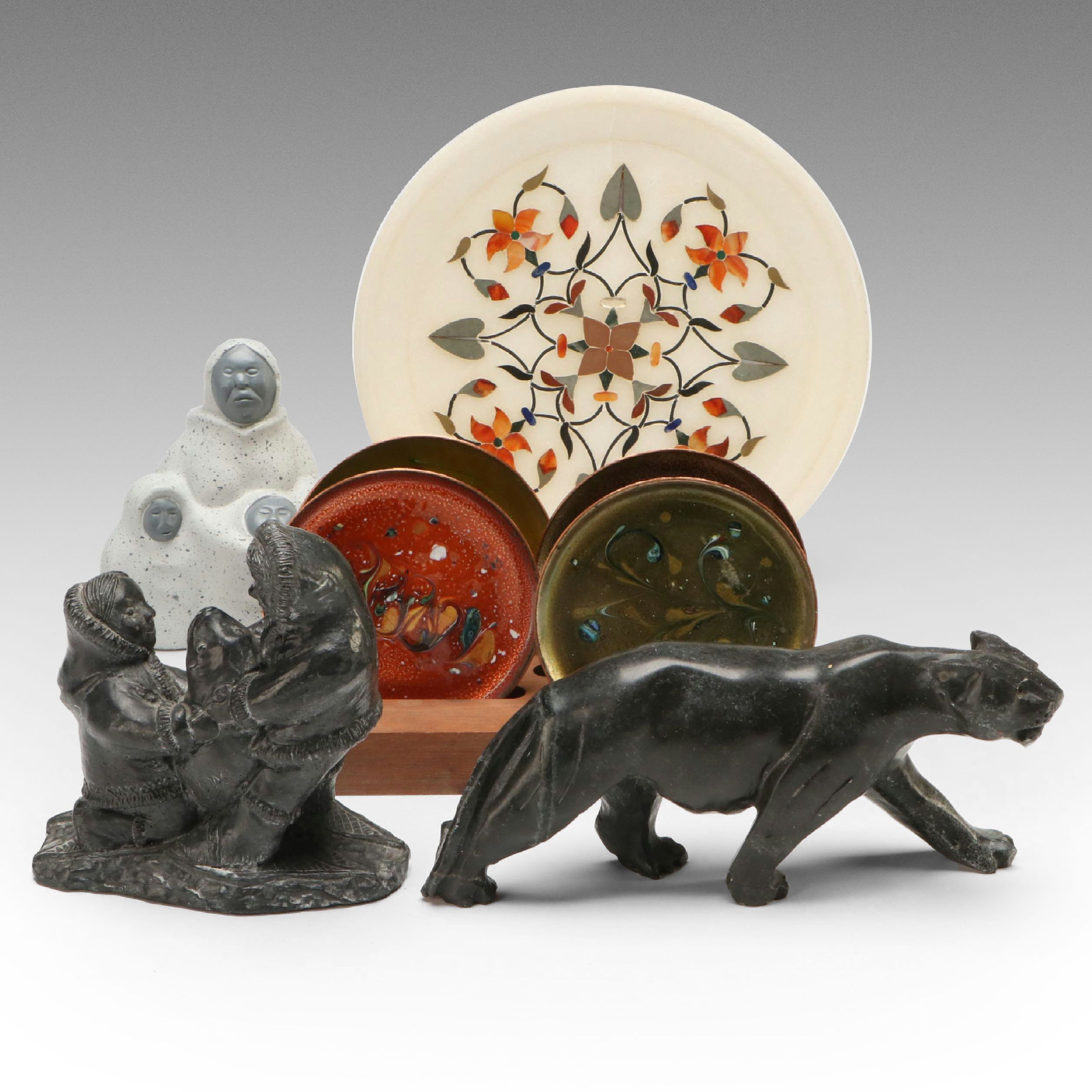Inuit Style Soapstone Figures with Enamel Art Coasters and Stone Plate