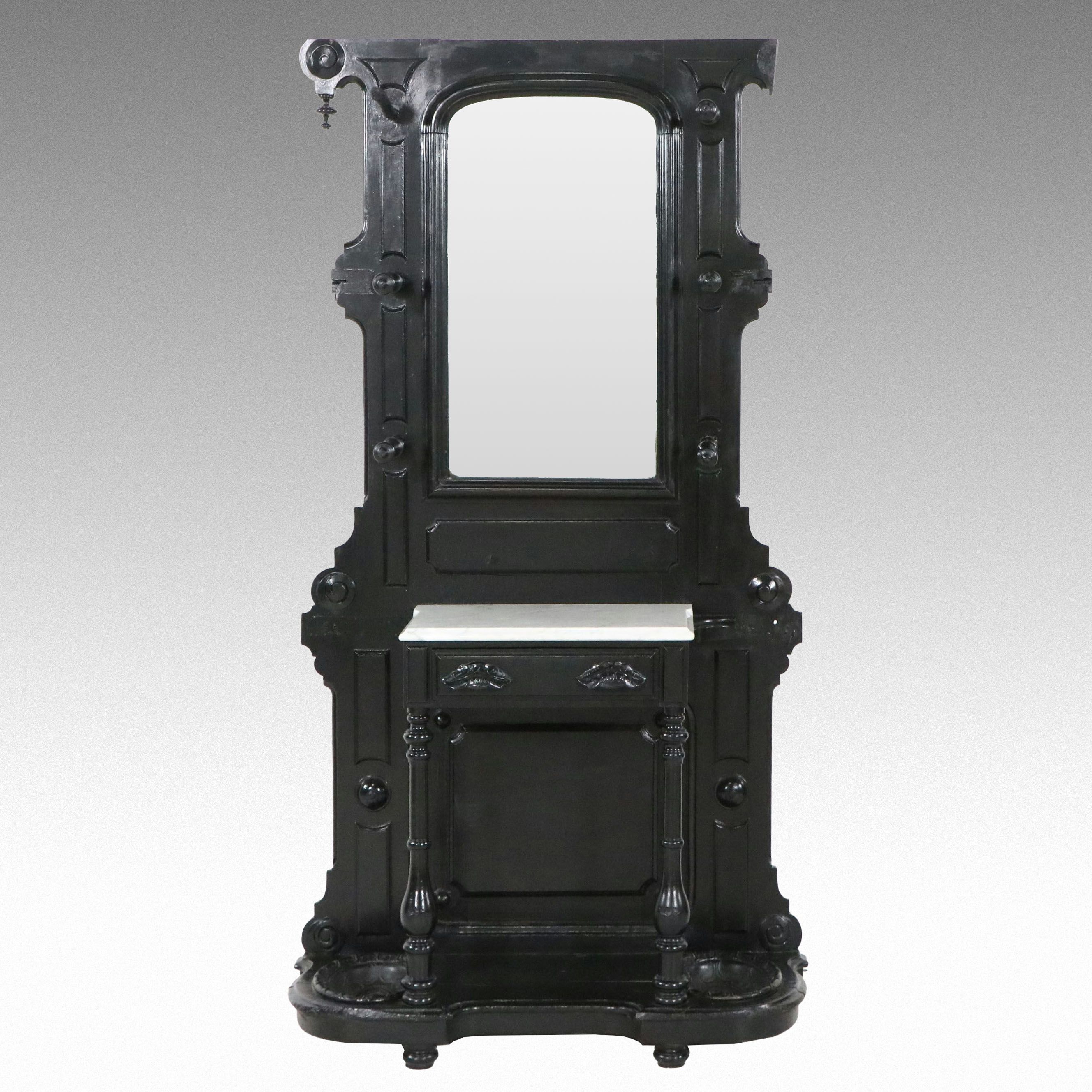 Victorian Renaissance Revival Painted Wood Marble Top Hall Tree