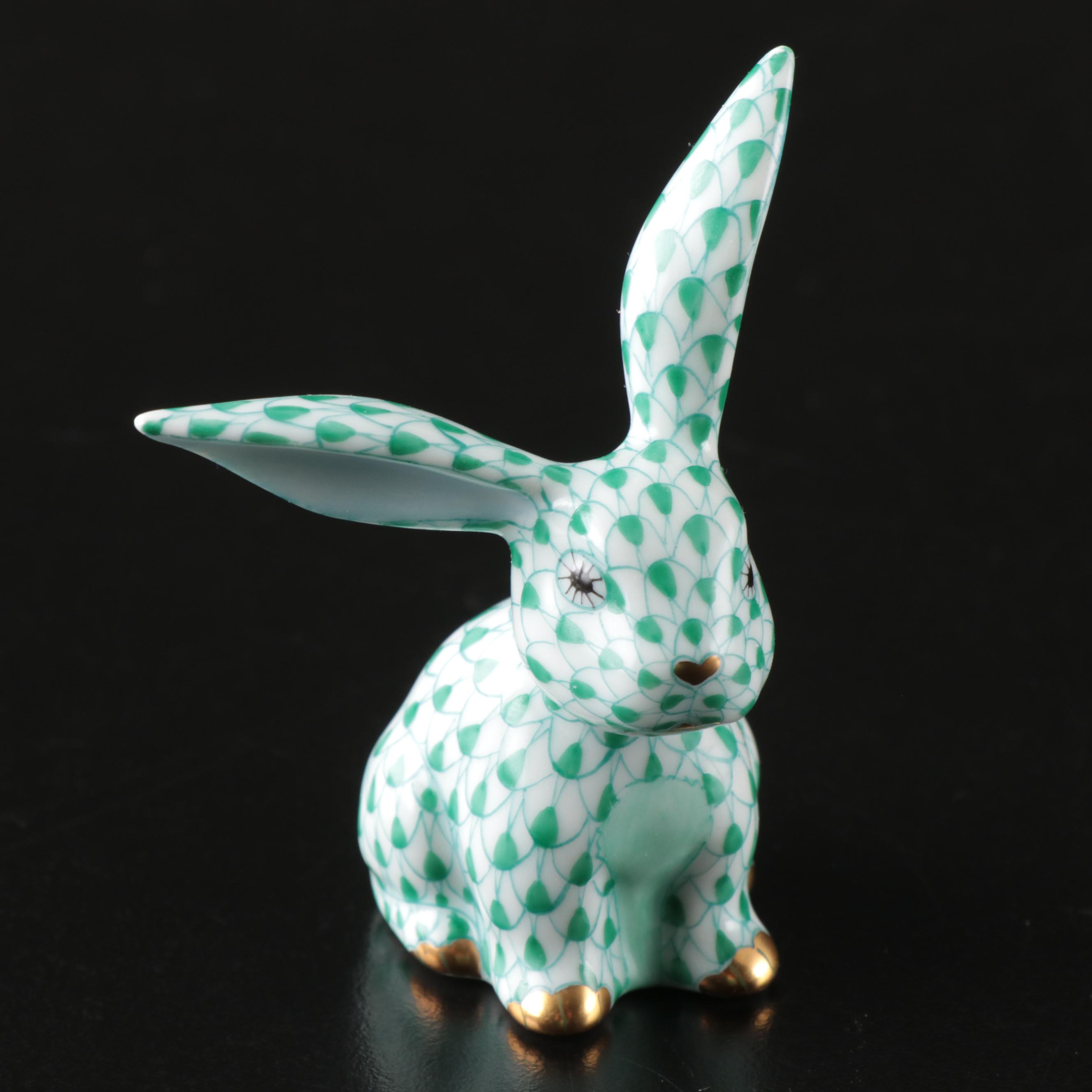 Herend Green Fishnet with Gold Bunny Porcelain Figurine