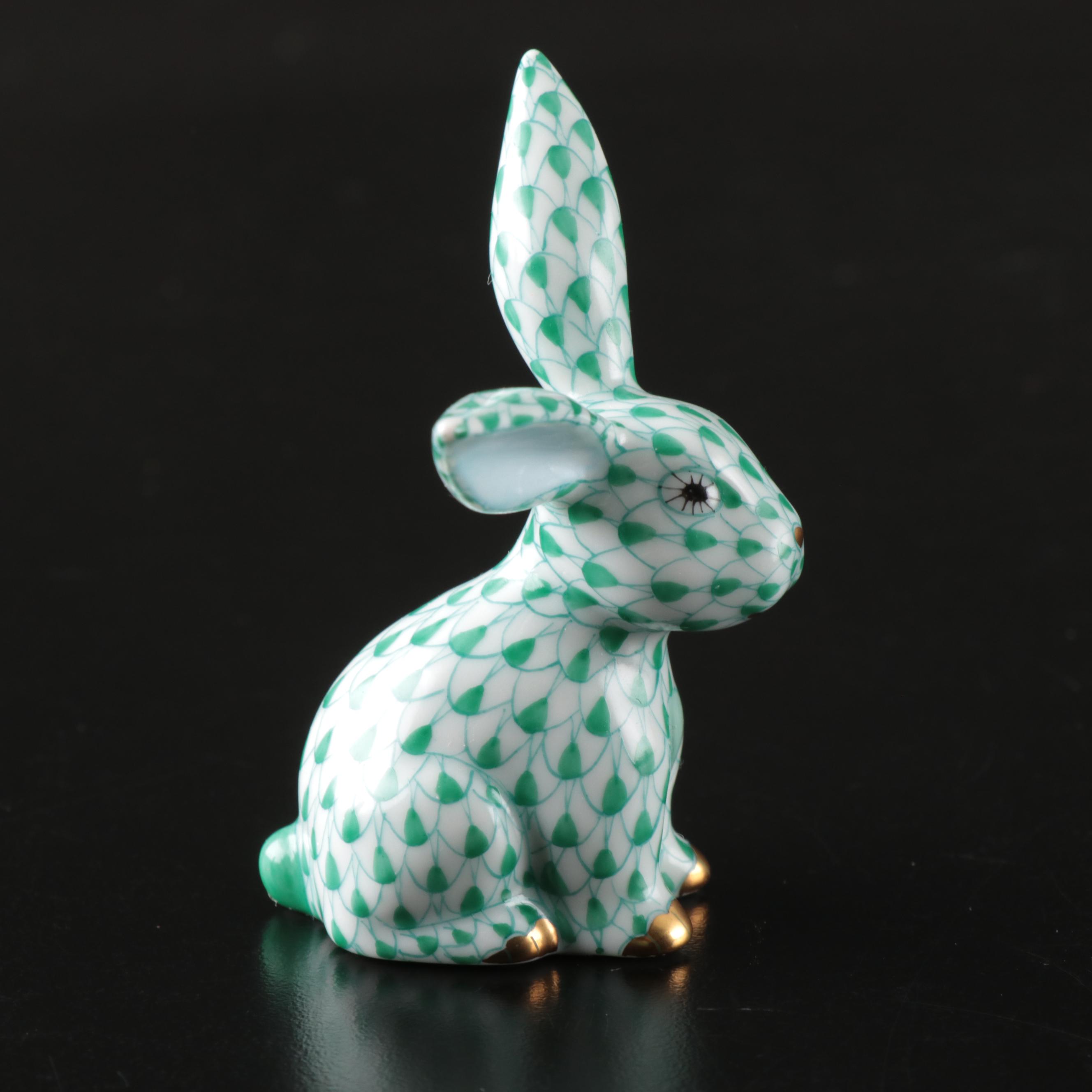 Herend Green Fishnet with Gold Bunny Porcelain Figurine