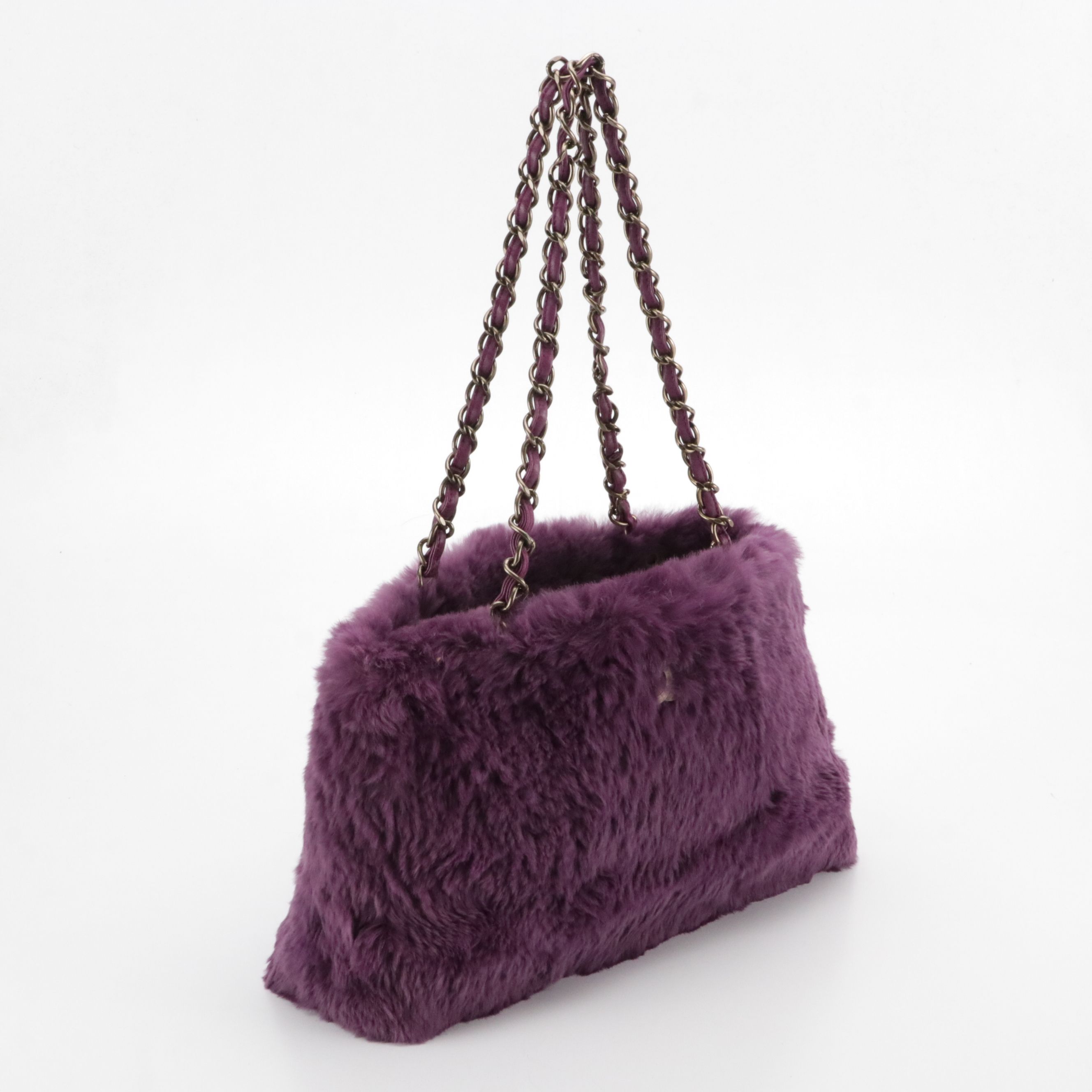 Chanel Aubergine Coco Mark Rabbit Fur Shoulder Bag with Interwoven Chain Strap