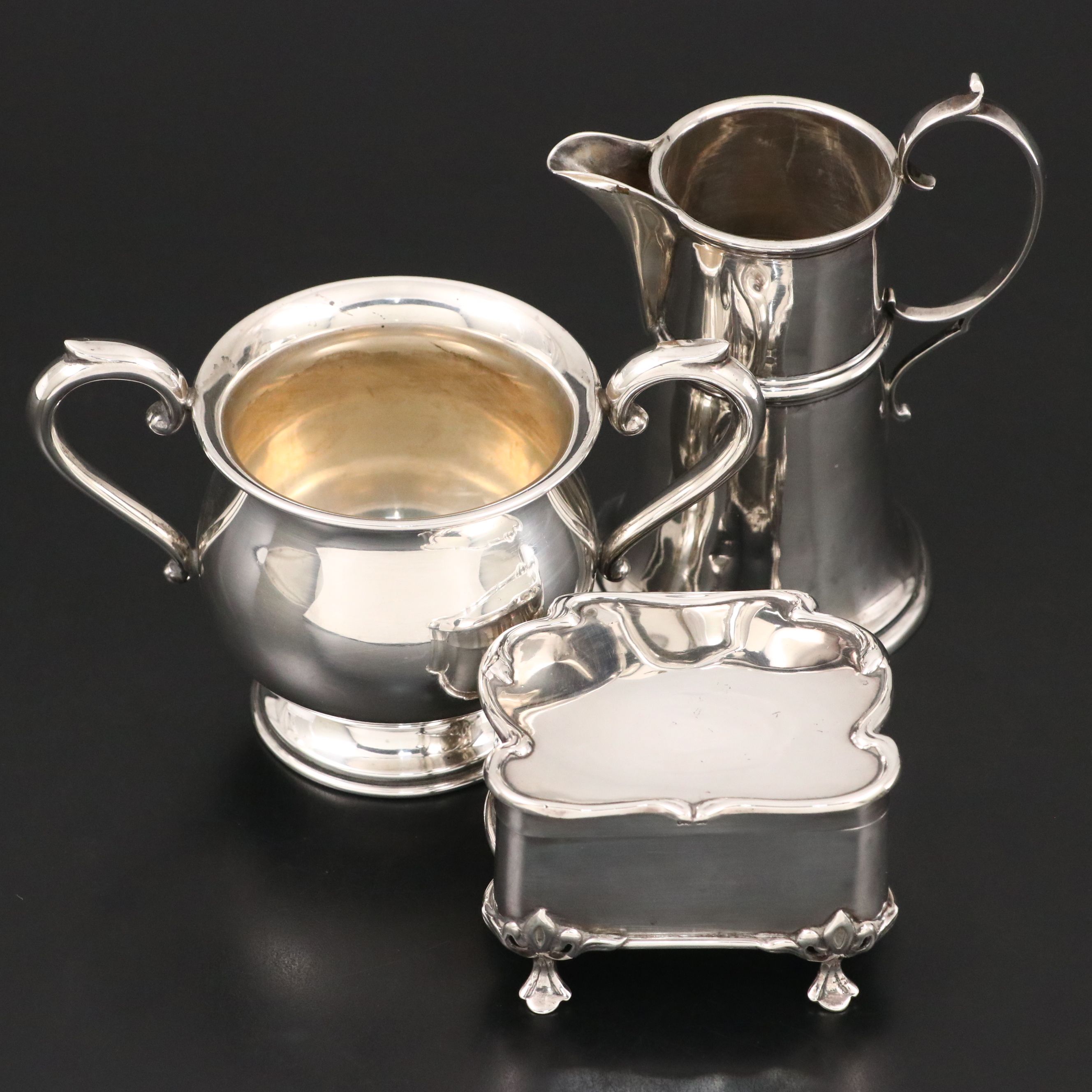 English Arts & Crafts Sterling Creamer with Other Lidded Box and Sugar Bowl