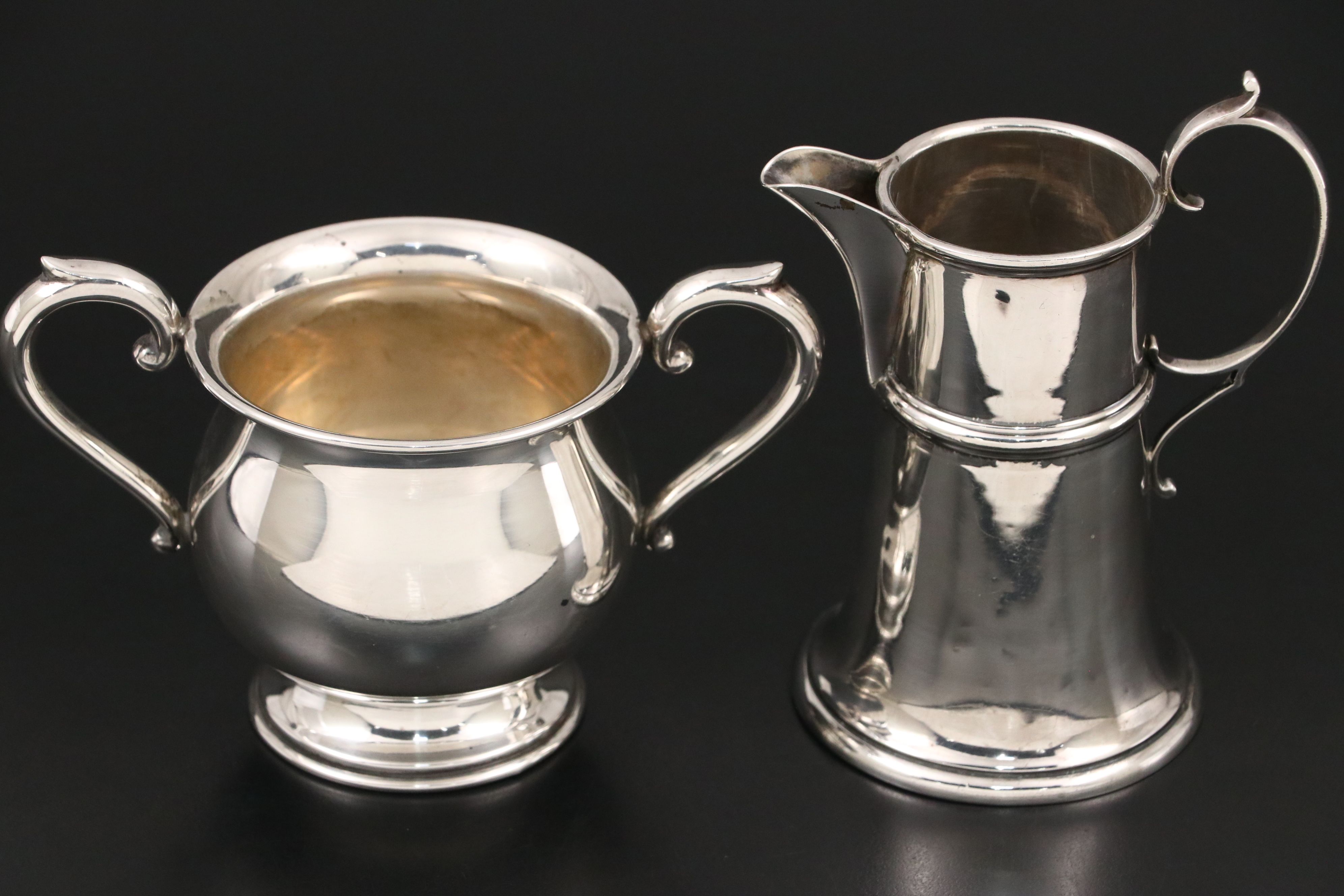 English Arts & Crafts Sterling Creamer with Other Lidded Box and Sugar Bowl