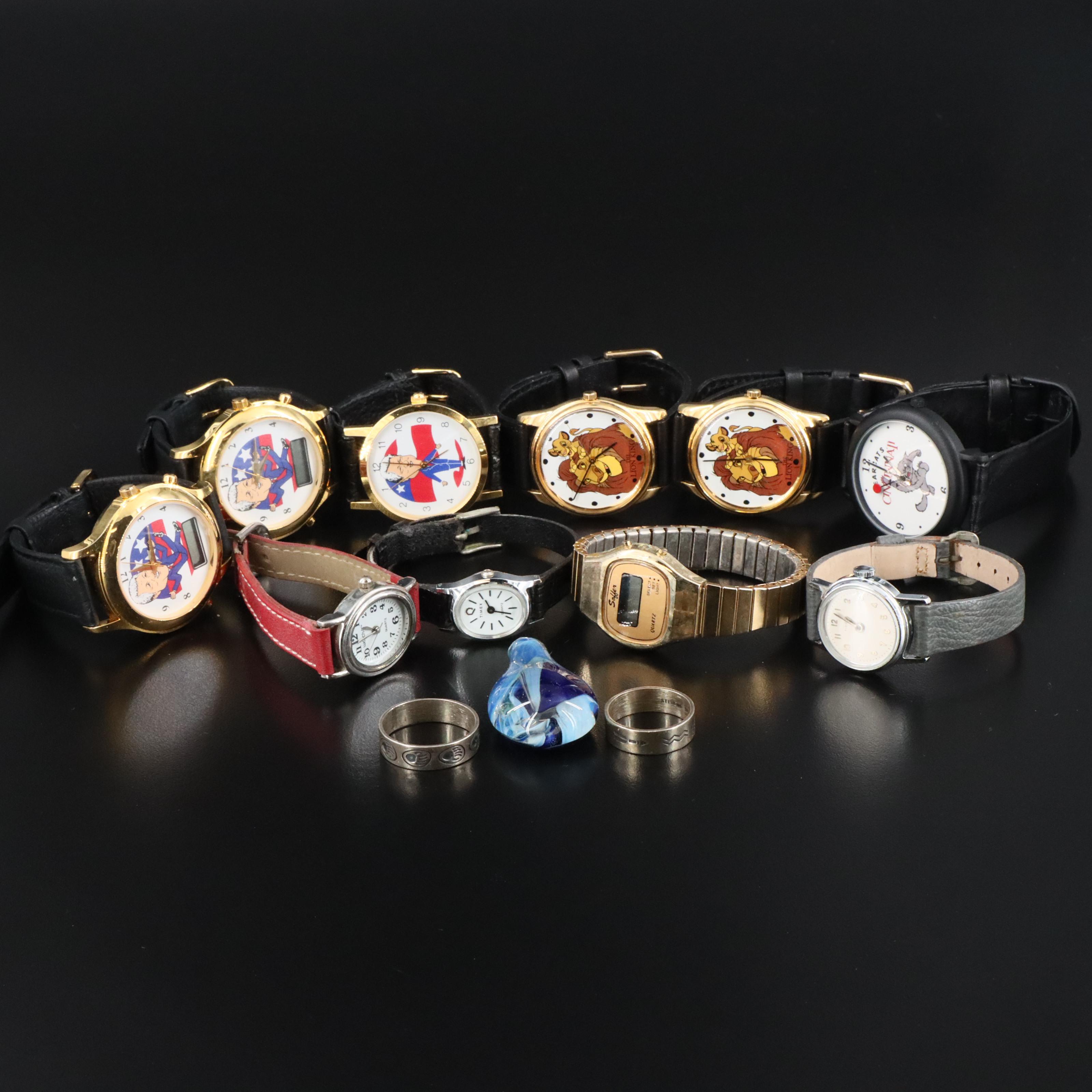 Collection of Novelty and Classic Watches with Sterling Rings and Glass Pendant
