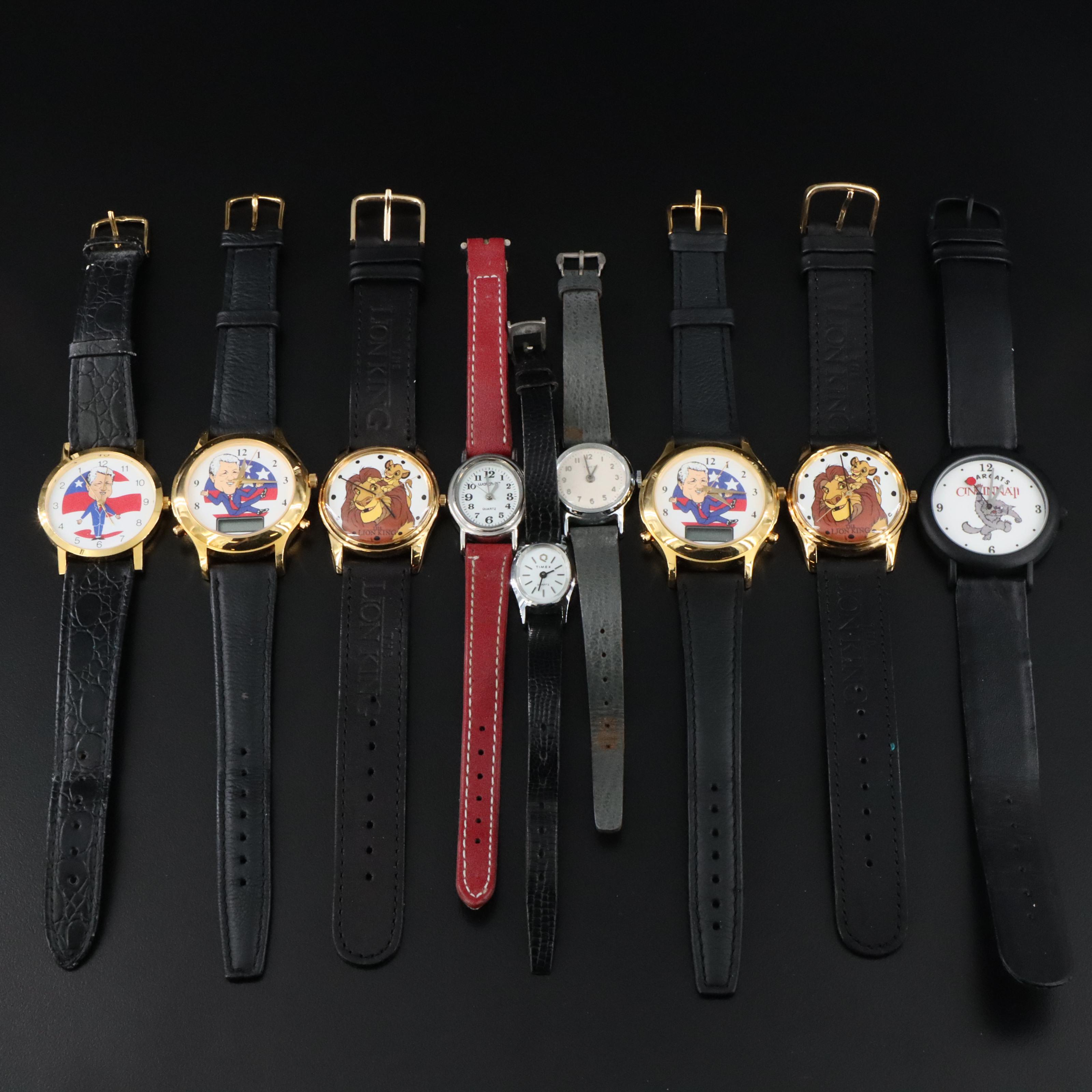 Collection of Novelty and Classic Watches with Sterling Rings and Glass Pendant
