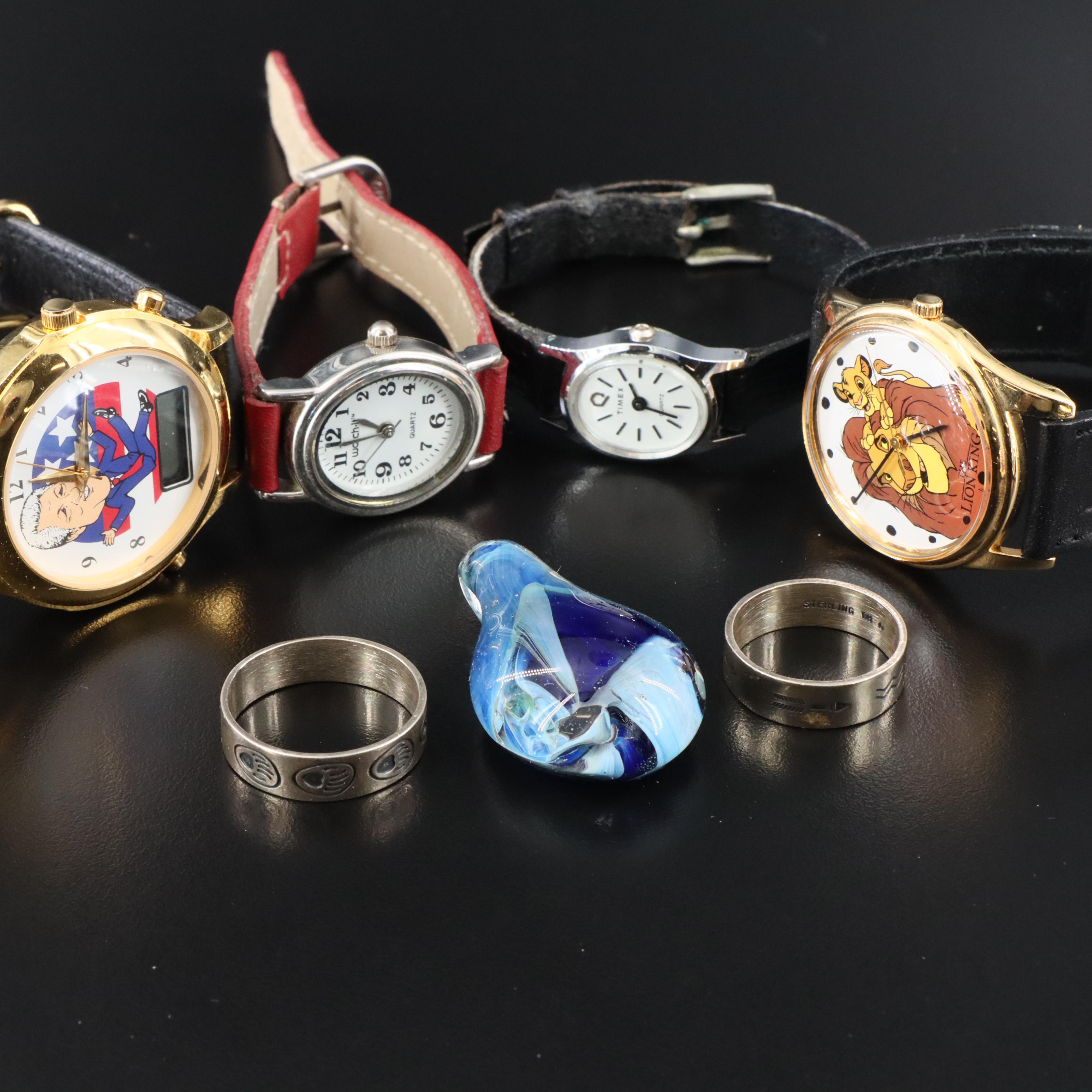 Collection of Novelty and Classic Watches with Sterling Rings and Glass Pendant