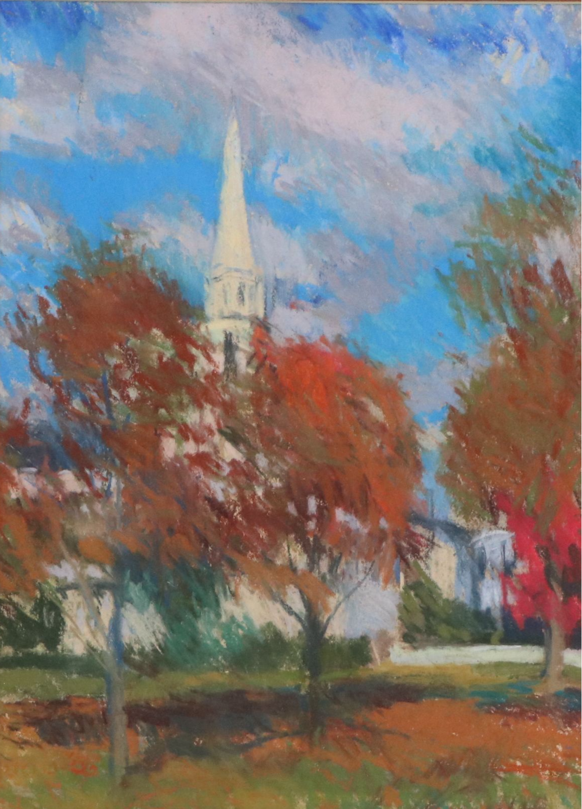 Richard Stalter Chalk Pastel Drawing of Church Landscape, 20th Century