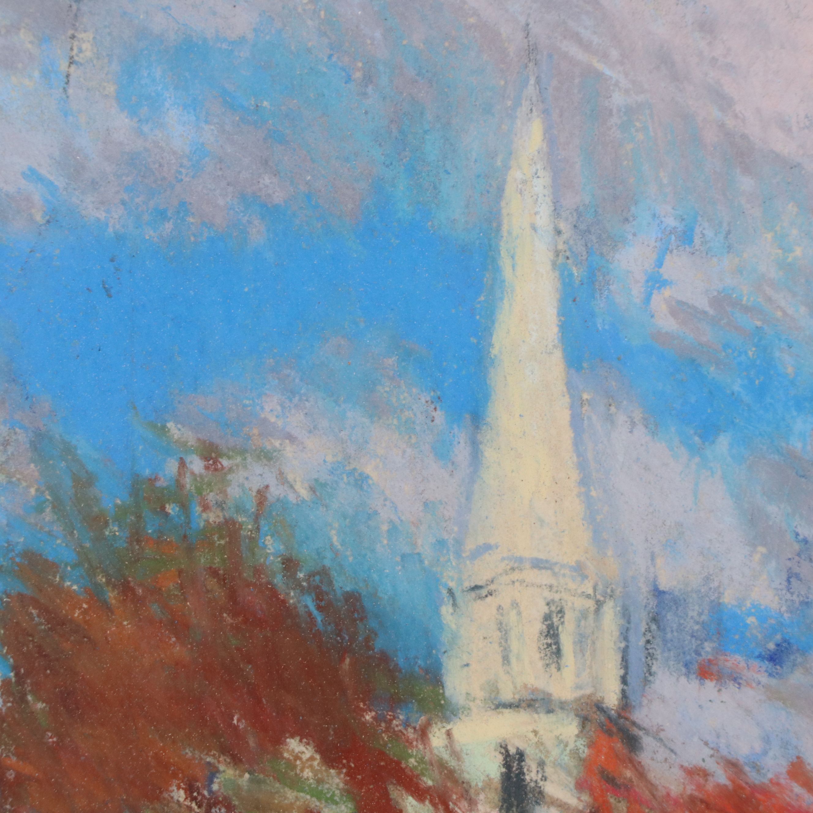 Richard Stalter Chalk Pastel Drawing of Church Landscape, 20th Century