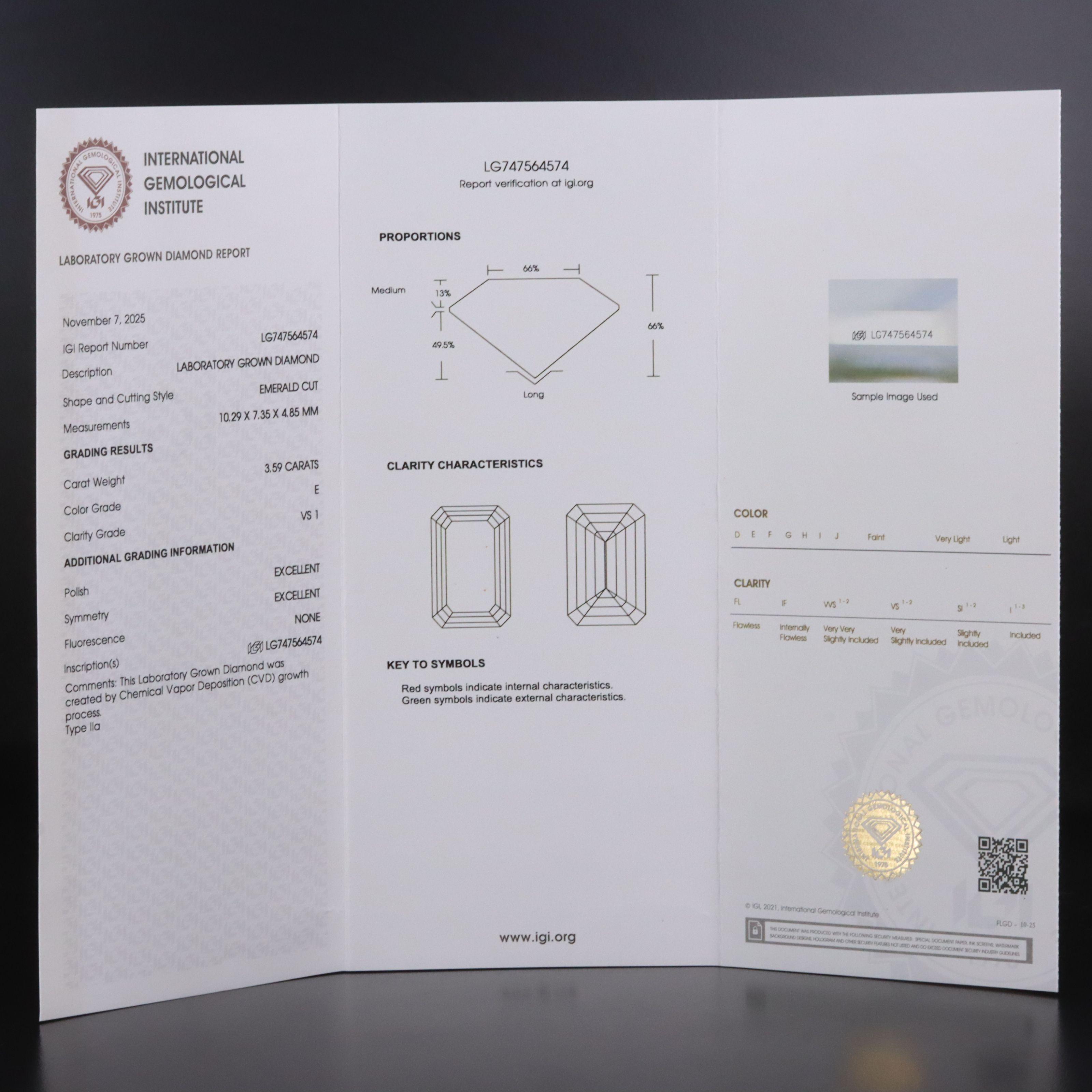 Loose 3.59 CT Lab Grown Diamond with IGI Report