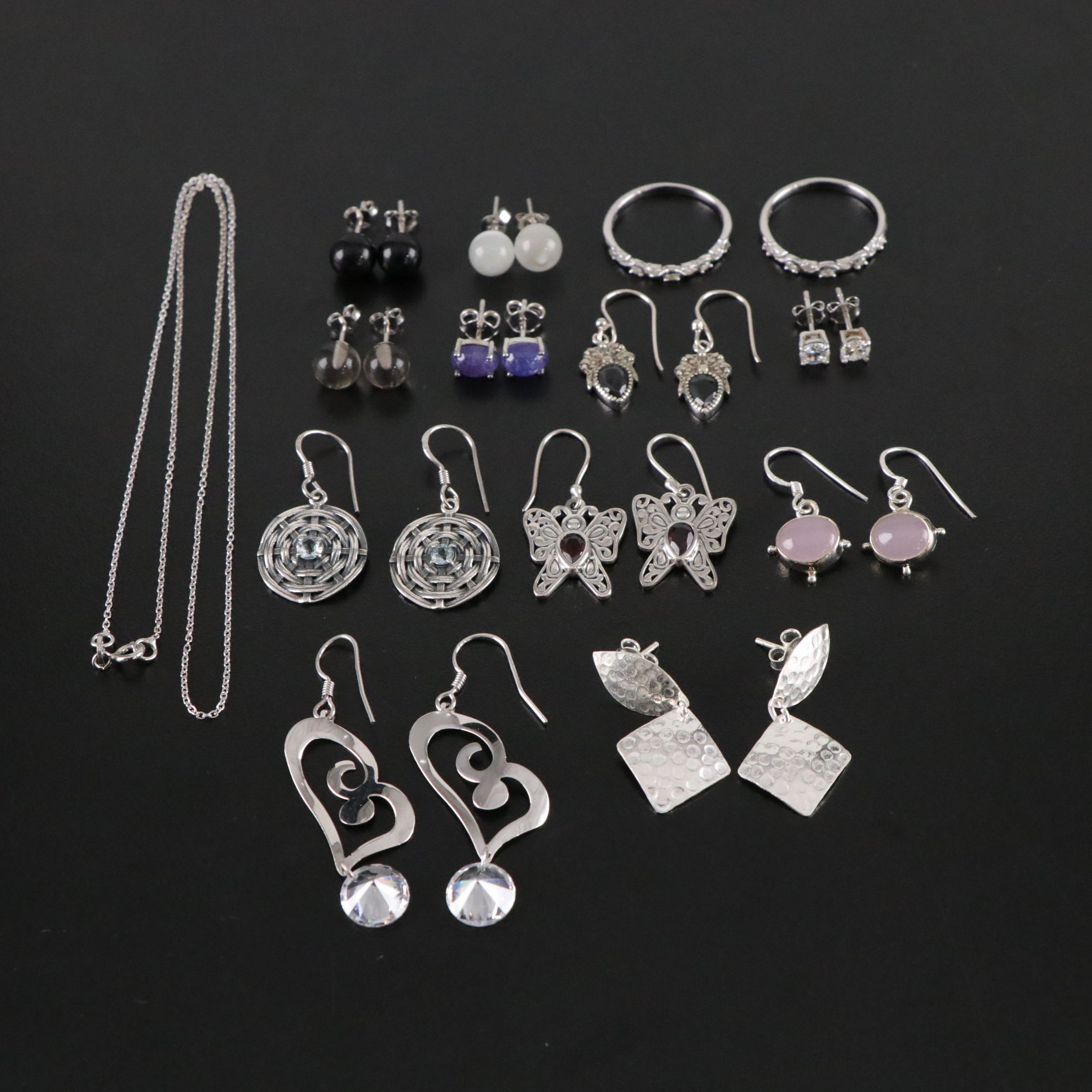14 Assorted Sterling Silver Rings, Necklaces and Earrings