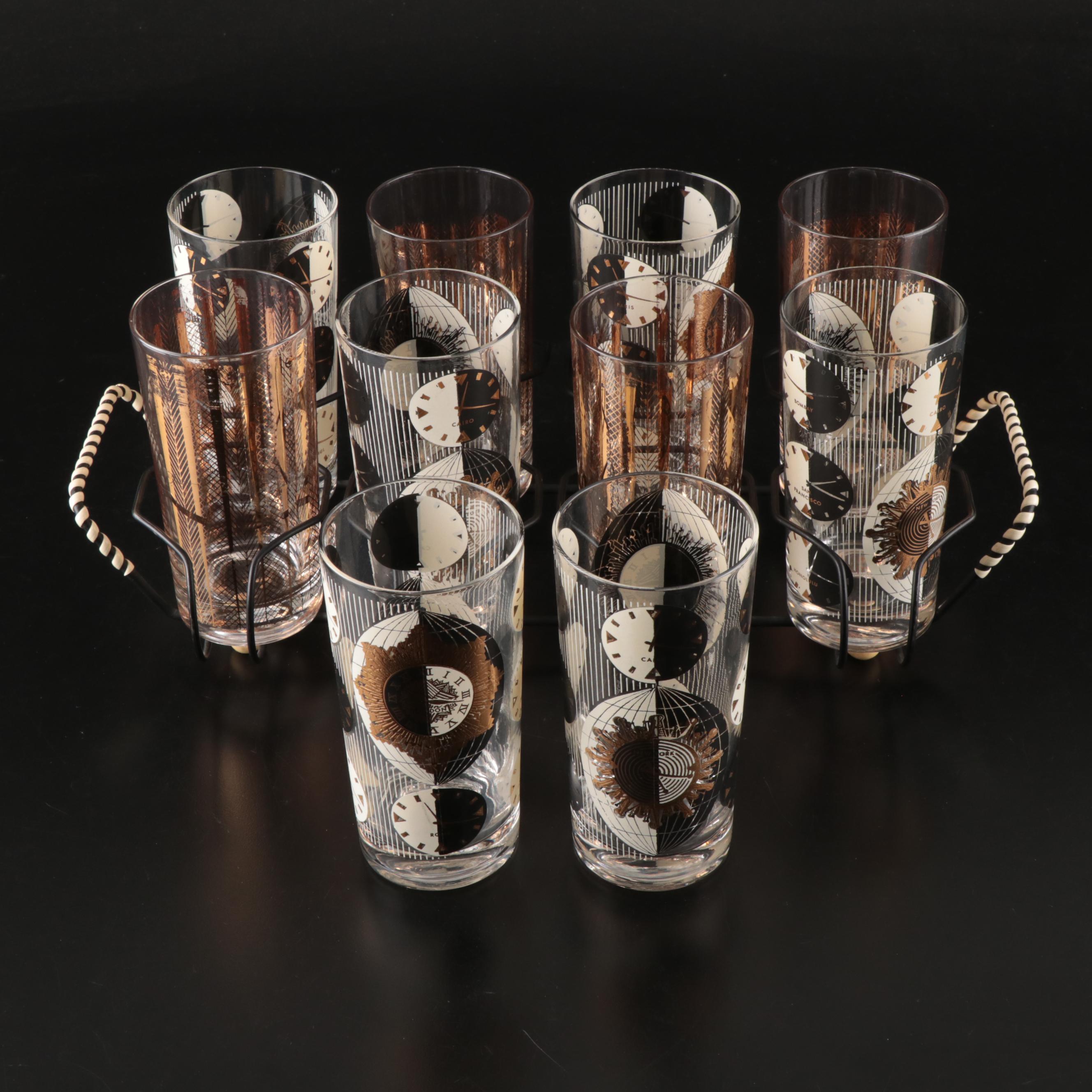 Georges Briard and Other Gilt Glass Tumblers with Metal Rack