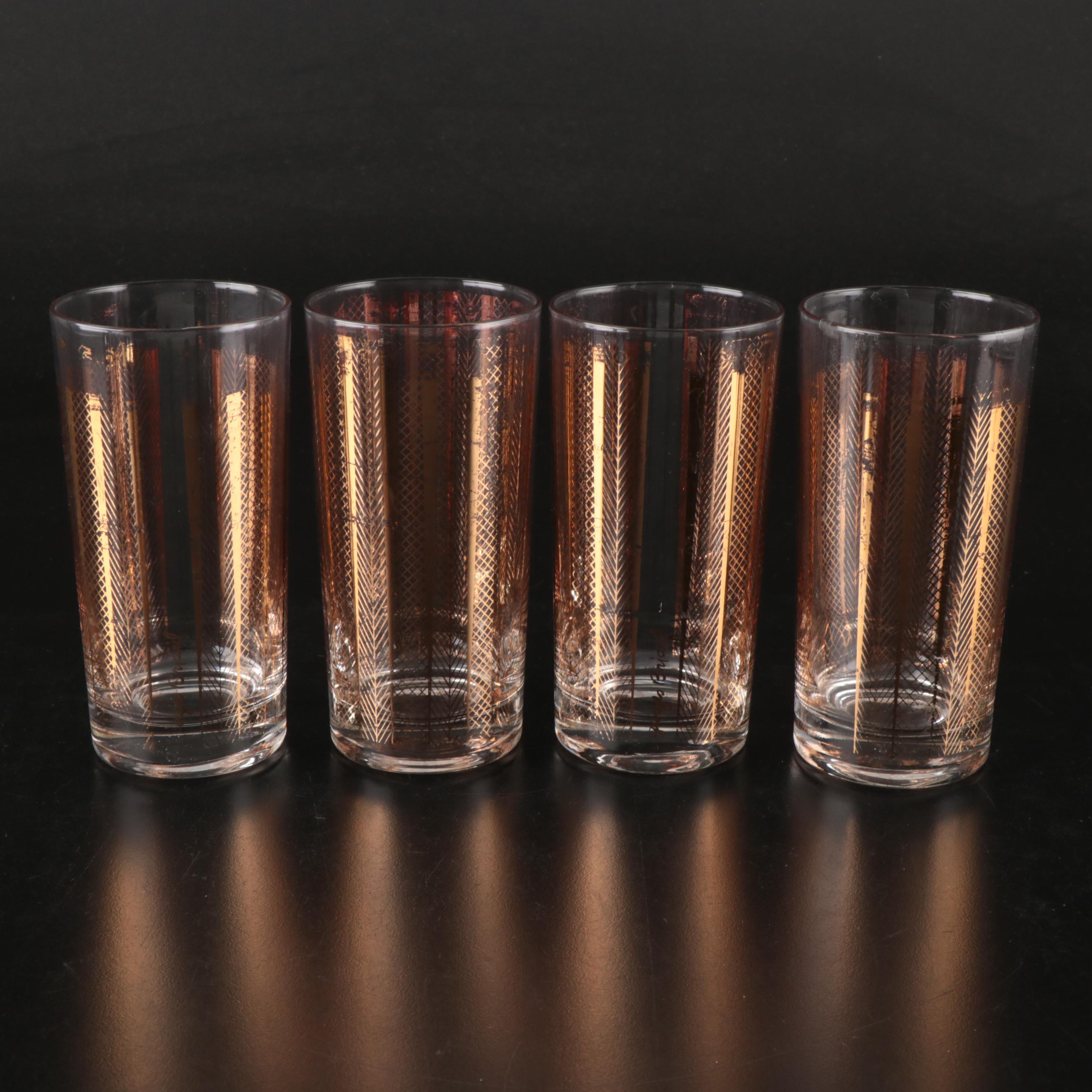 Georges Briard and Other Gilt Glass Tumblers with Metal Rack