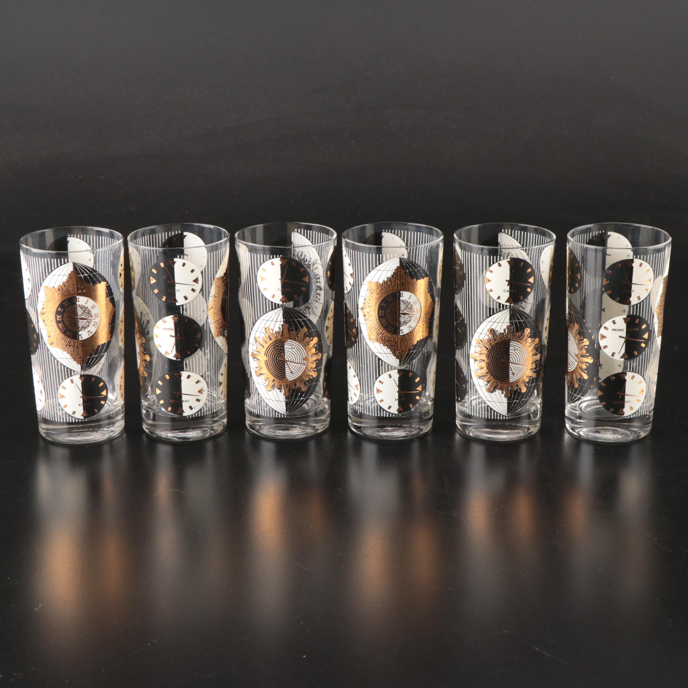 Georges Briard and Other Gilt Glass Tumblers with Metal Rack