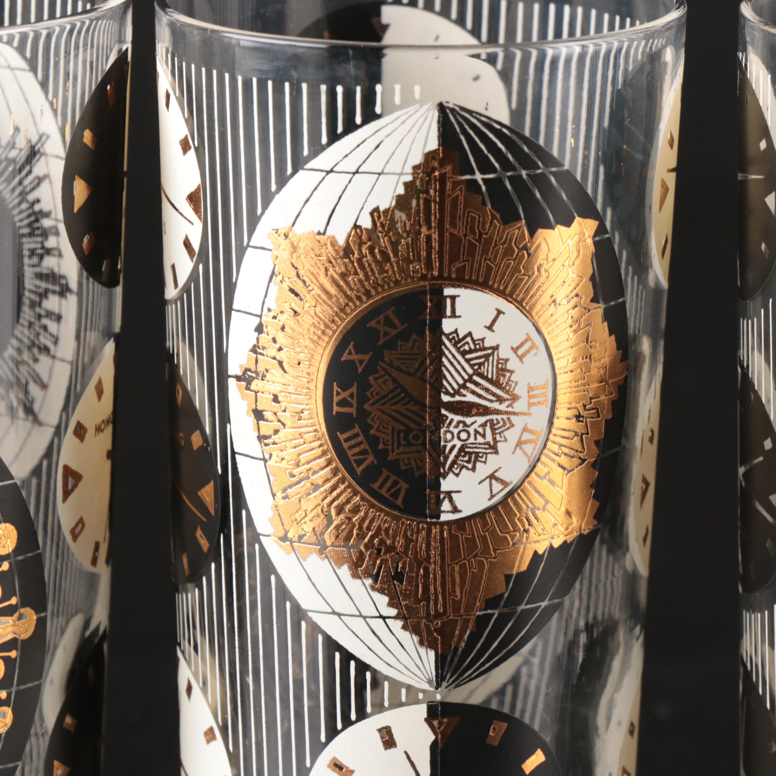 Georges Briard and Other Gilt Glass Tumblers with Metal Rack