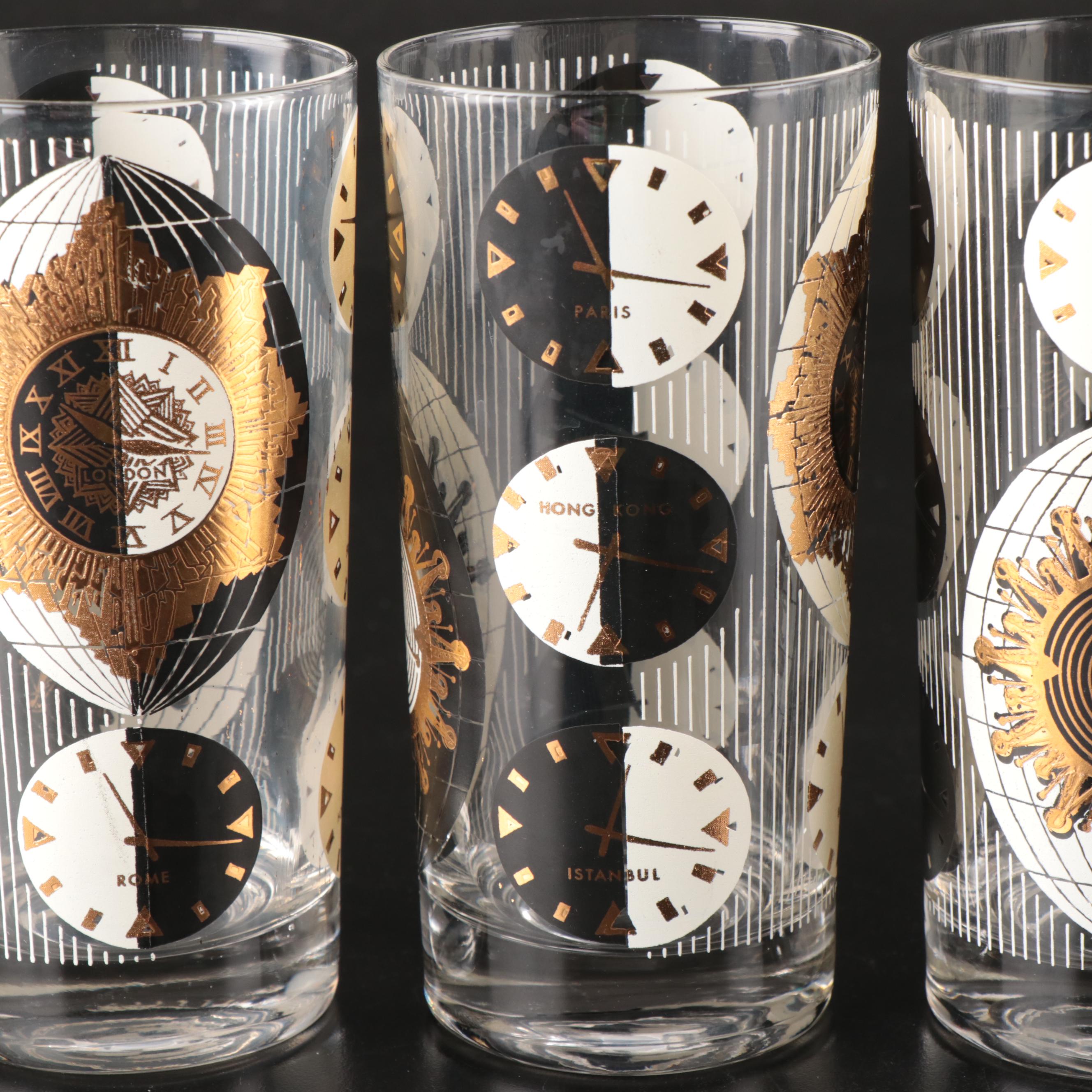 Georges Briard and Other Gilt Glass Tumblers with Metal Rack