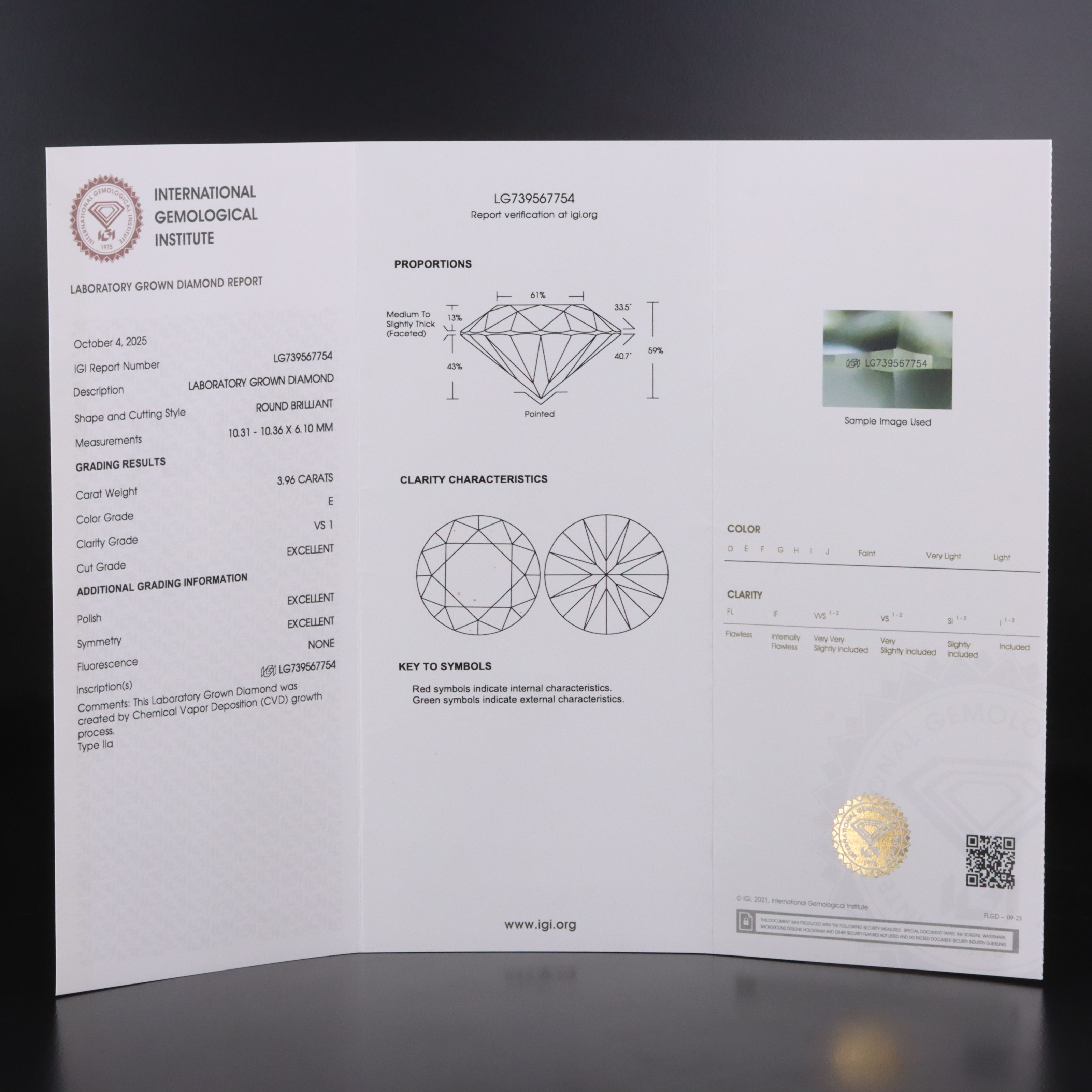 Loose 3.96 CT Lab Grown Diamond with IGI Report