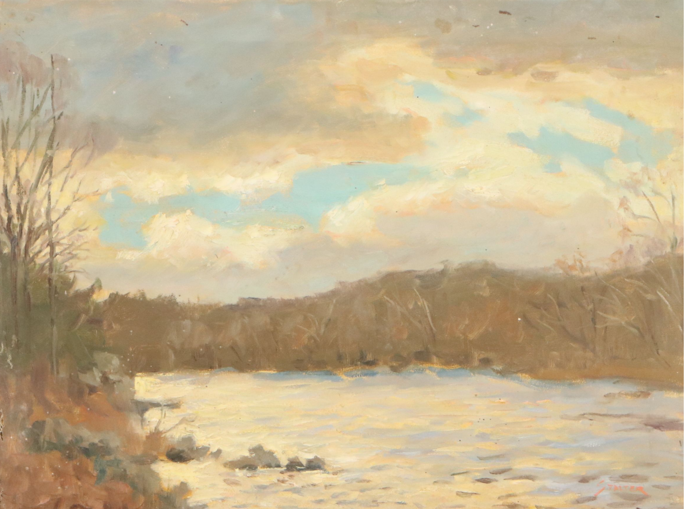 Richard Stalter Oil Painting of River in Winter, Mid to Late 20th Century