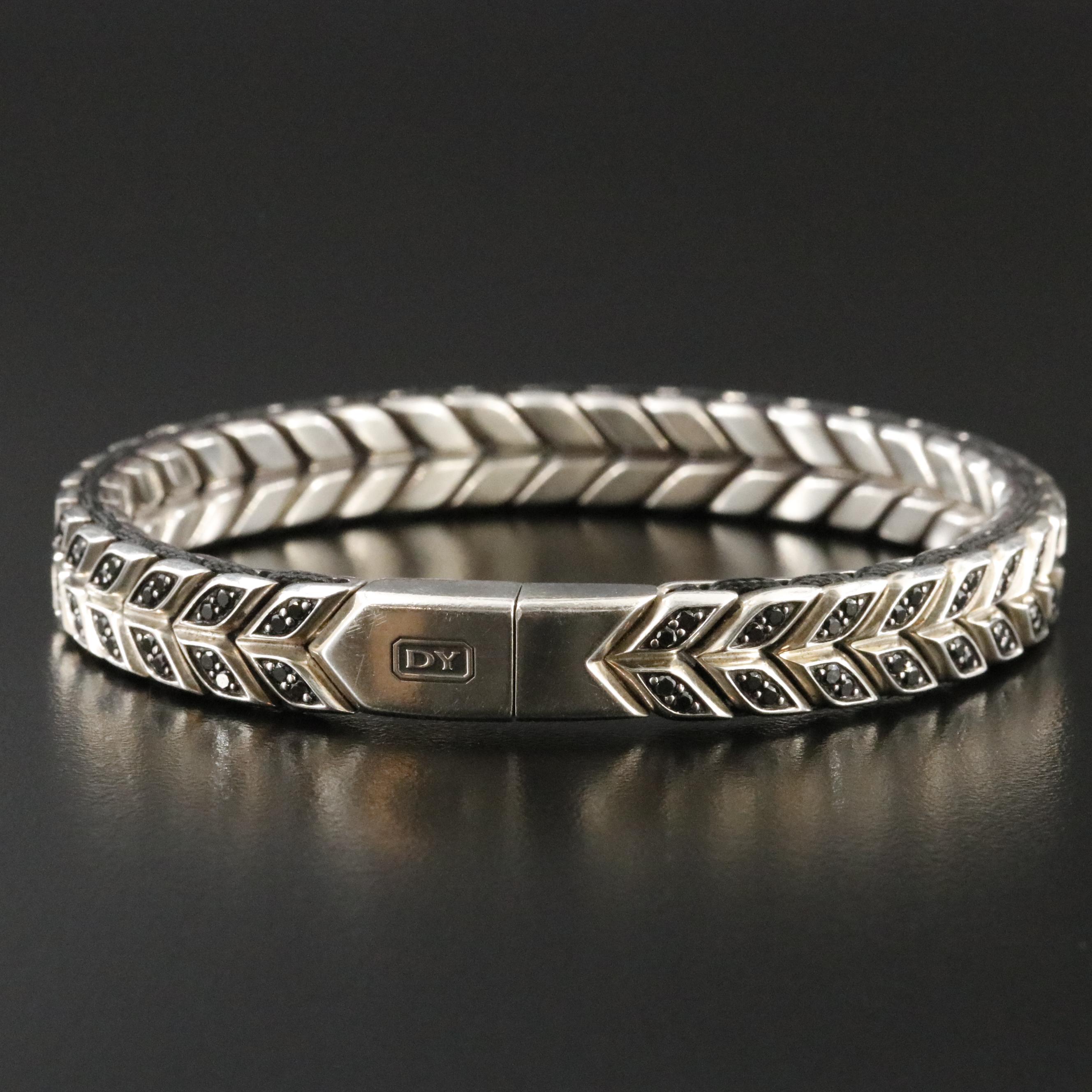 David Yurman Chevron Sterling and 1.75 CTW Fancy Black Diamond Woven Bracelet