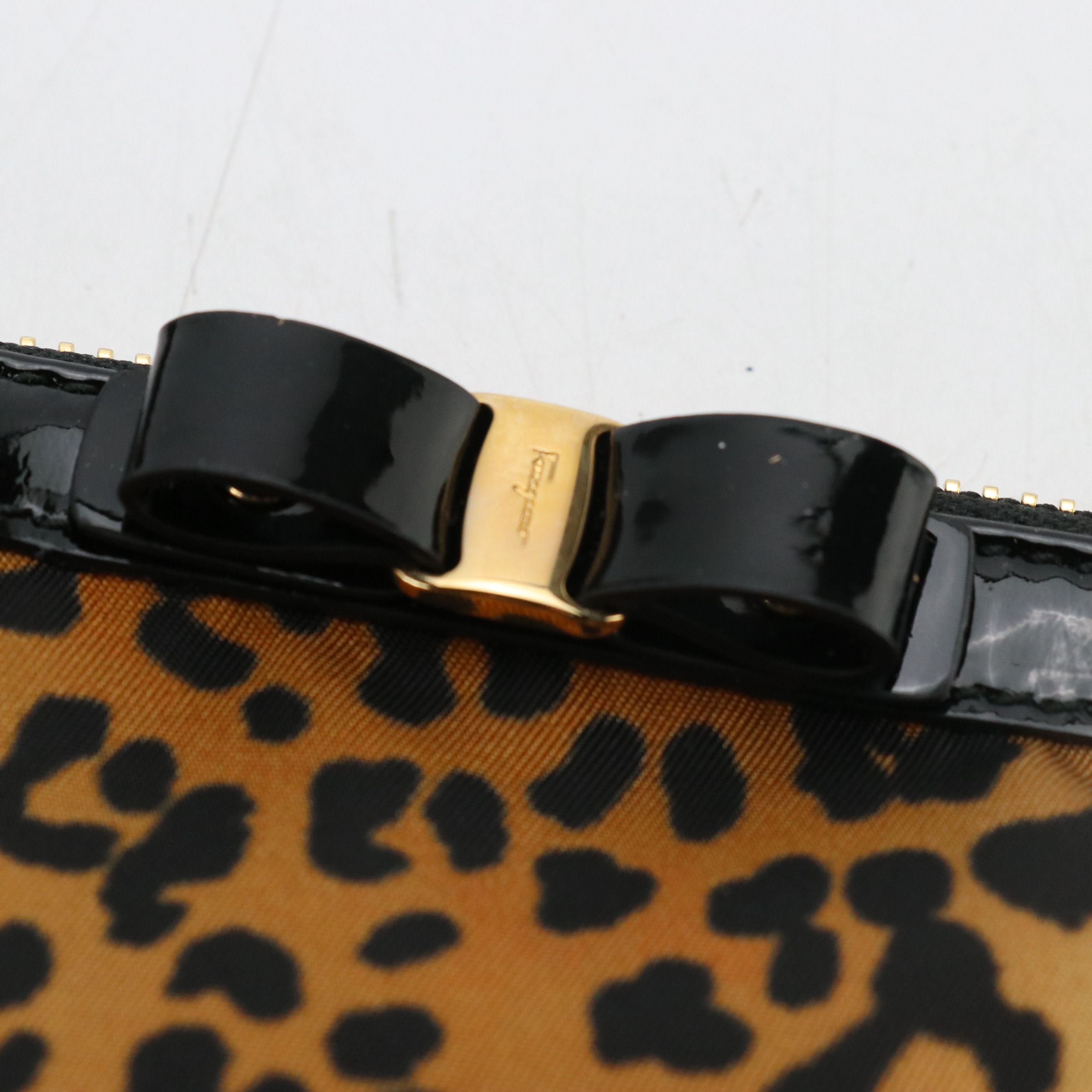 Salvatore Ferragamo Vara Zip Pouch in Leopard Print Fabric/Patent Leather Trim