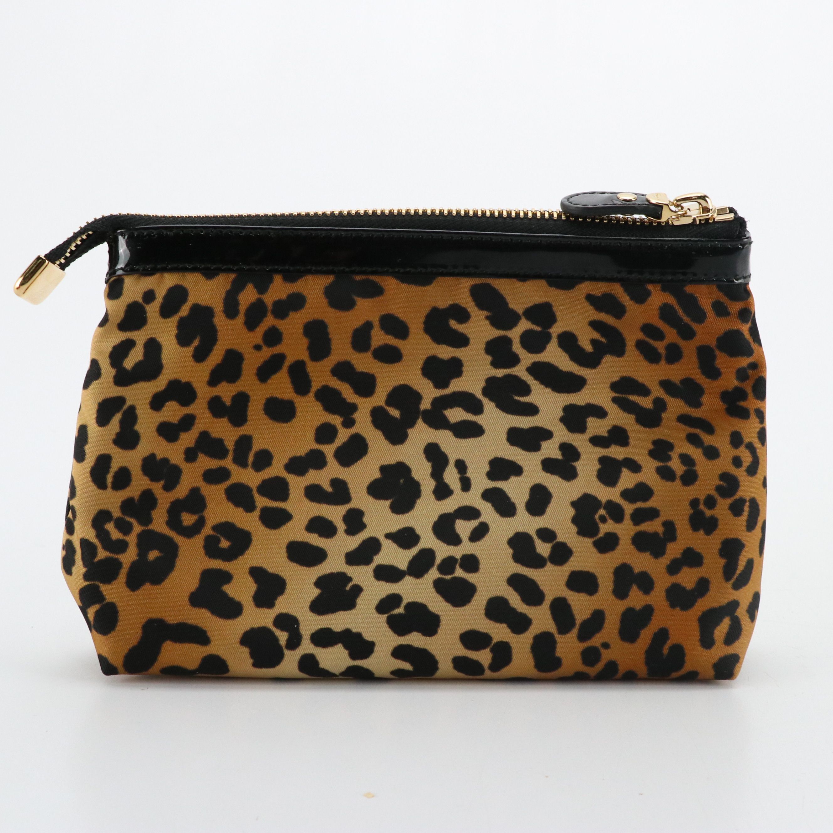 Salvatore Ferragamo Vara Zip Pouch in Leopard Print Fabric/Patent Leather Trim