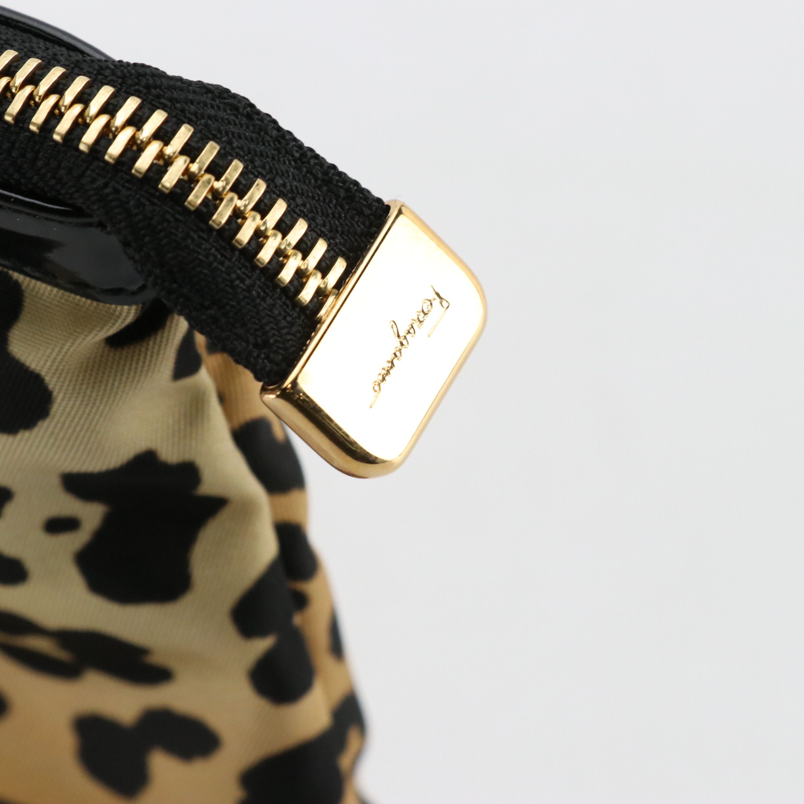 Salvatore Ferragamo Vara Zip Pouch in Leopard Print Fabric/Patent Leather Trim