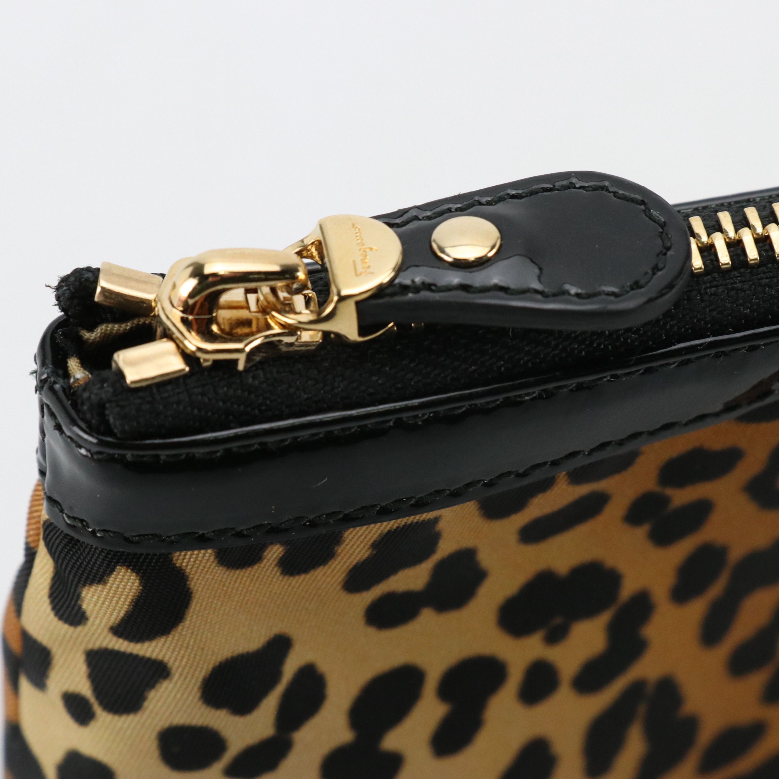 Salvatore Ferragamo Vara Zip Pouch in Leopard Print Fabric/Patent Leather Trim