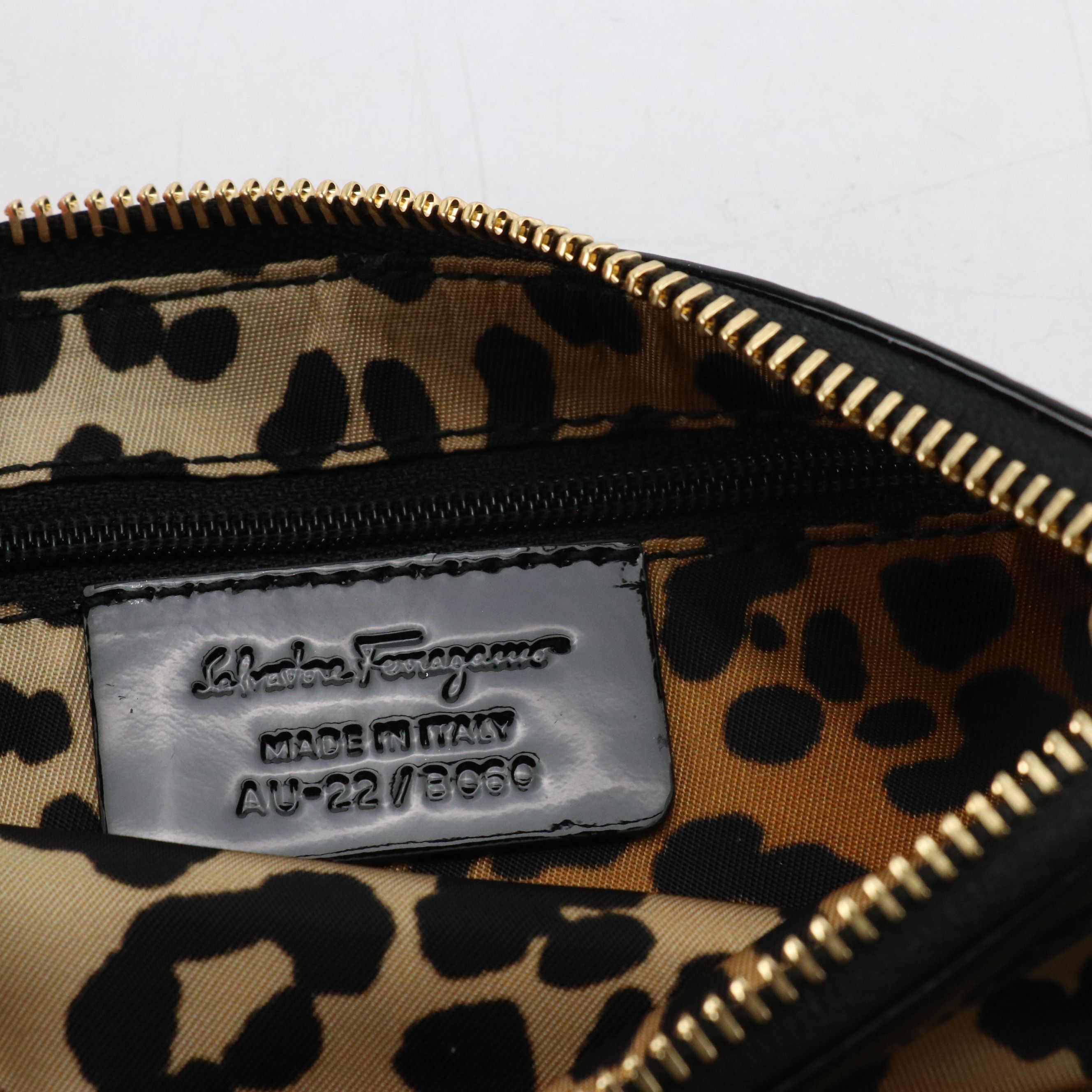 Salvatore Ferragamo Vara Zip Pouch in Leopard Print Fabric/Patent Leather Trim