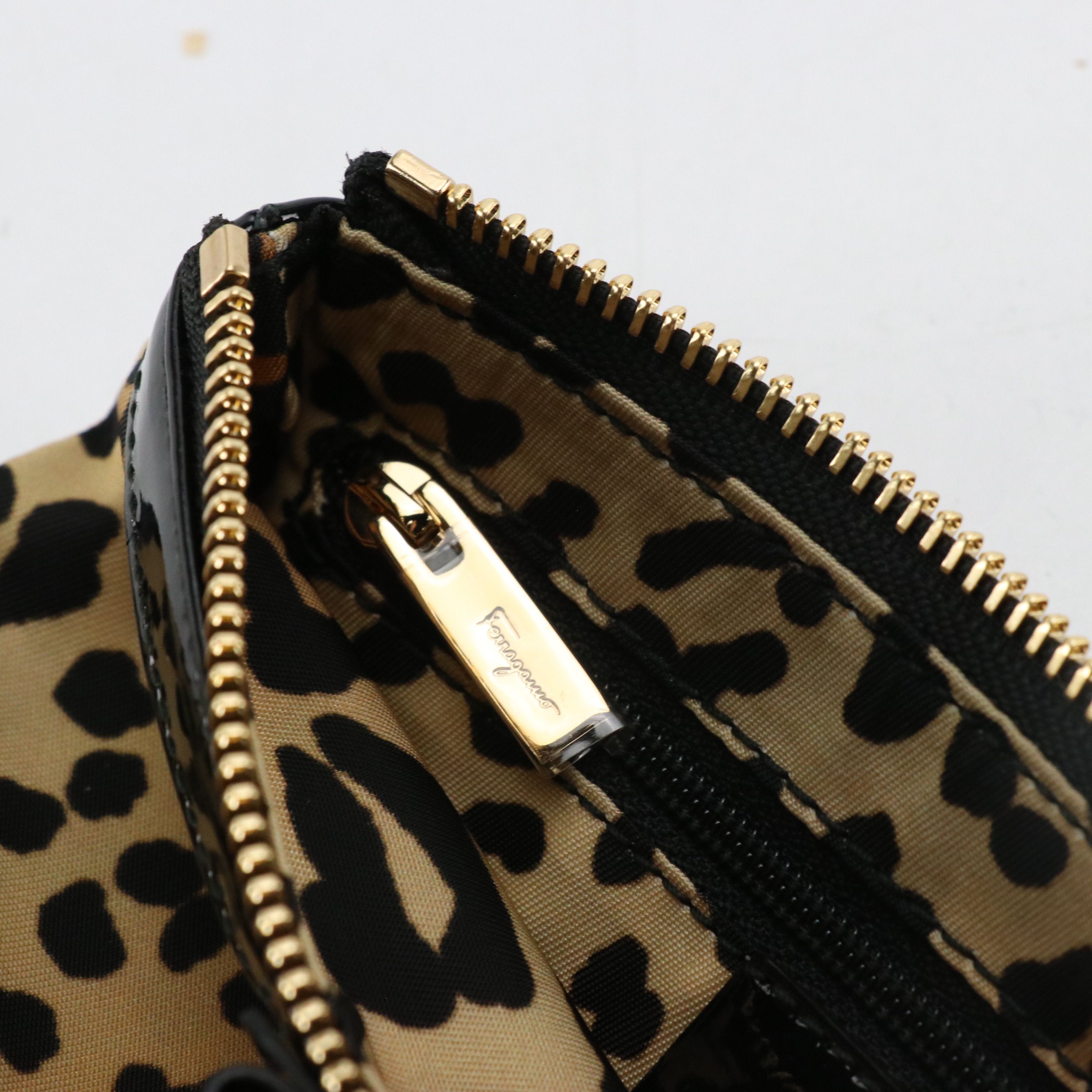 Salvatore Ferragamo Vara Zip Pouch in Leopard Print Fabric/Patent Leather Trim