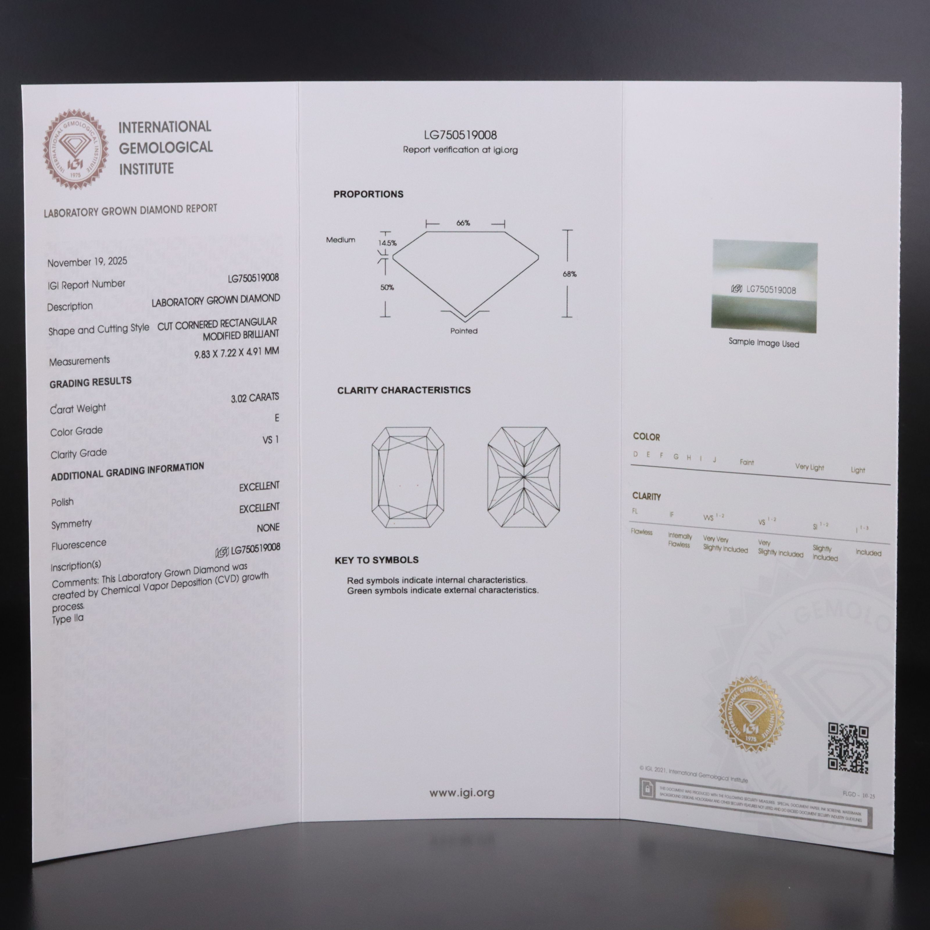 Loose 3.02 CT Lab Grown Diamond with IGI Report