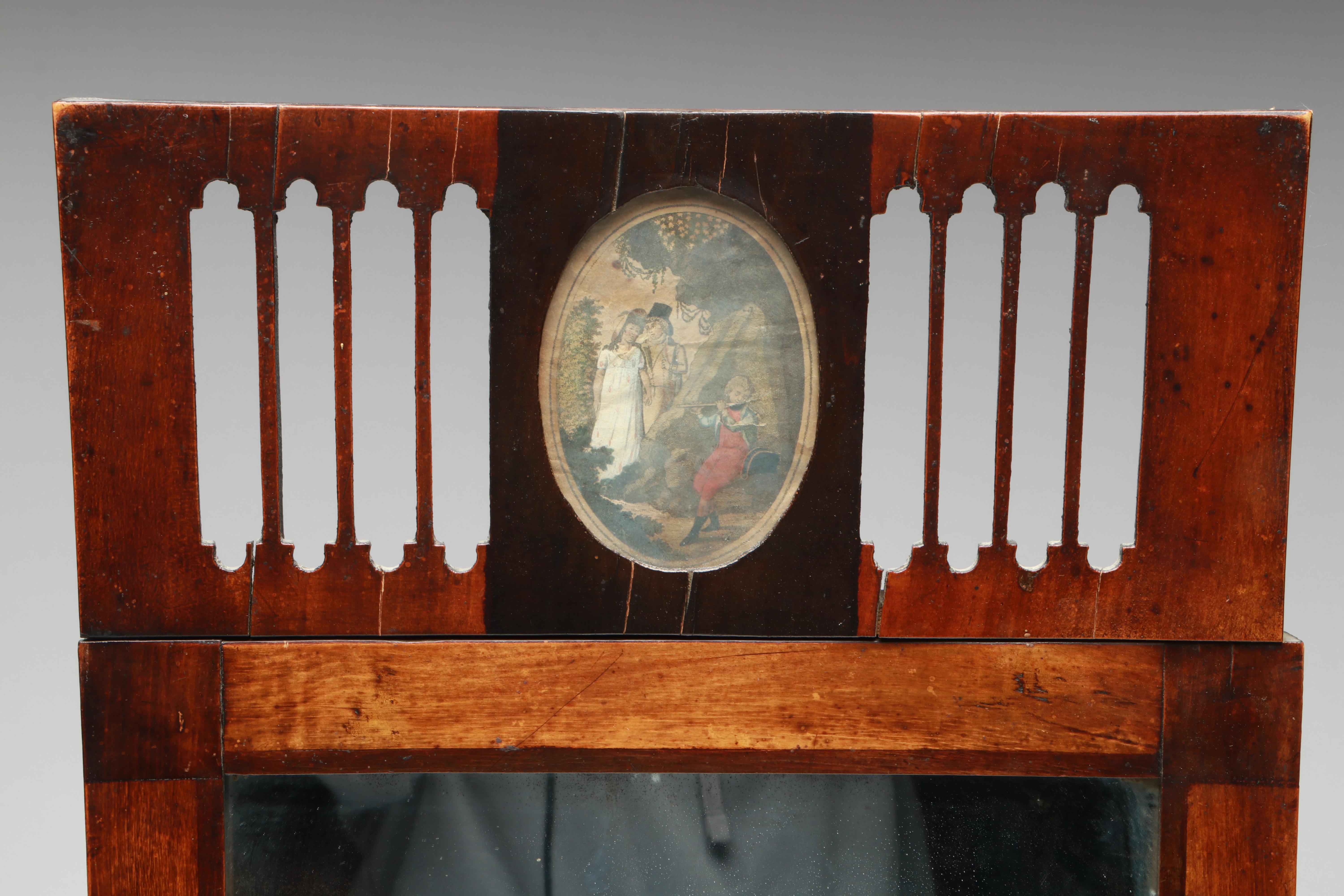 Baltic Biedermeier Wall Mirror with Hand-Tinted Courting Couple Engraved Insert