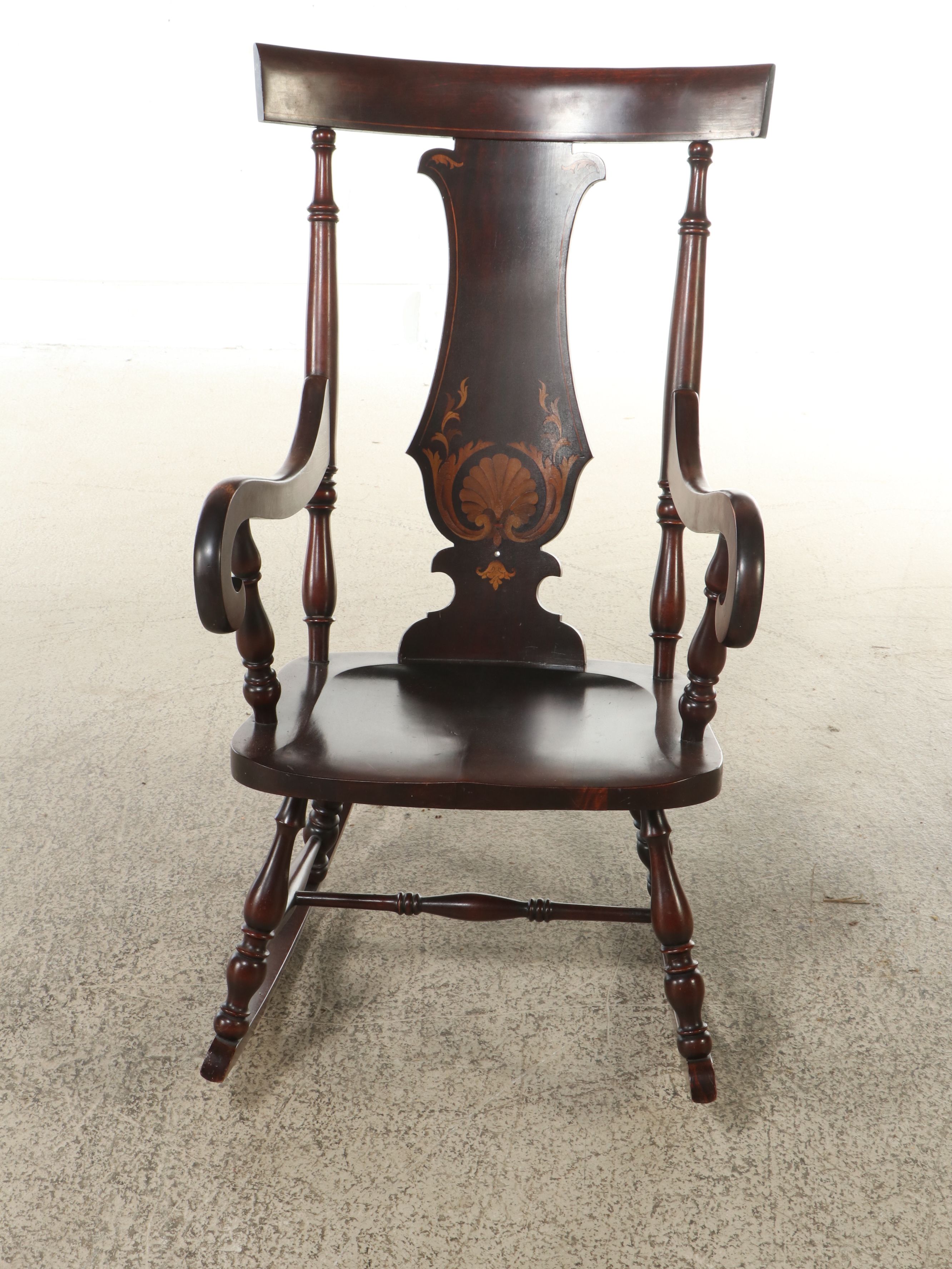 Adams Style Inlaid Mahogany Finish Rocking Chair, Early to Mid-20th Century