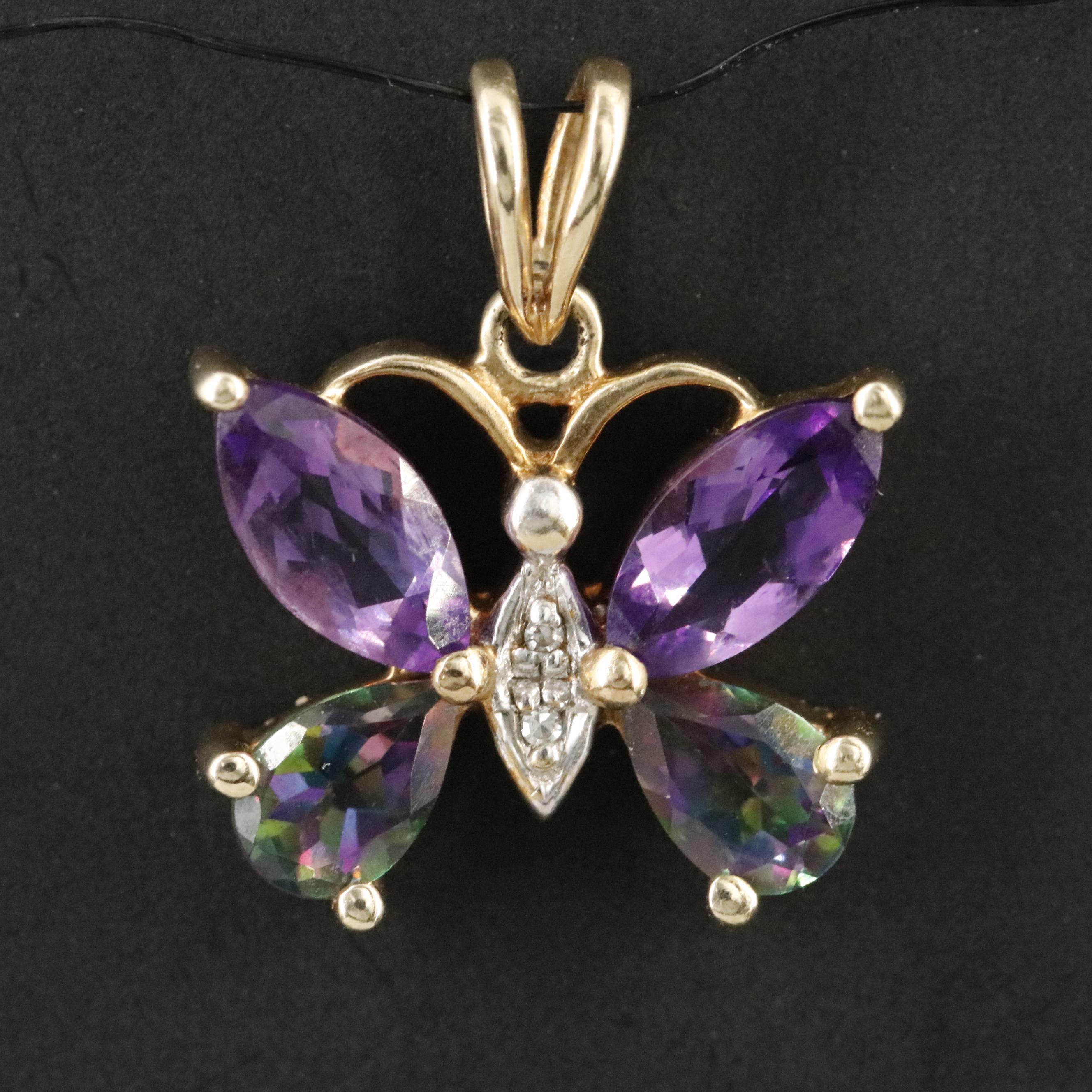 10K Amethyst, Mystic Topaz and Diamond Butterfly Pendant