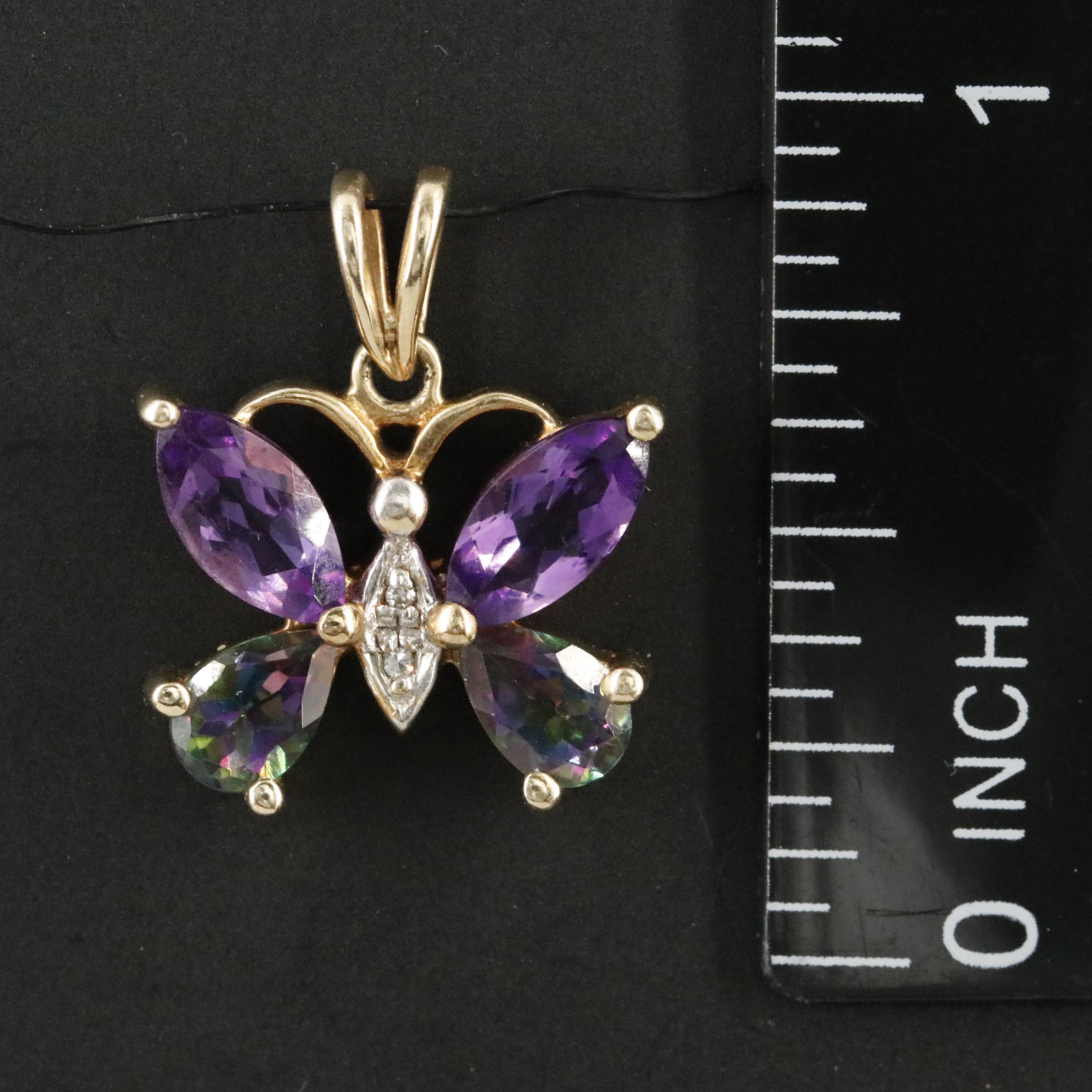 10K Amethyst, Mystic Topaz and Diamond Butterfly Pendant