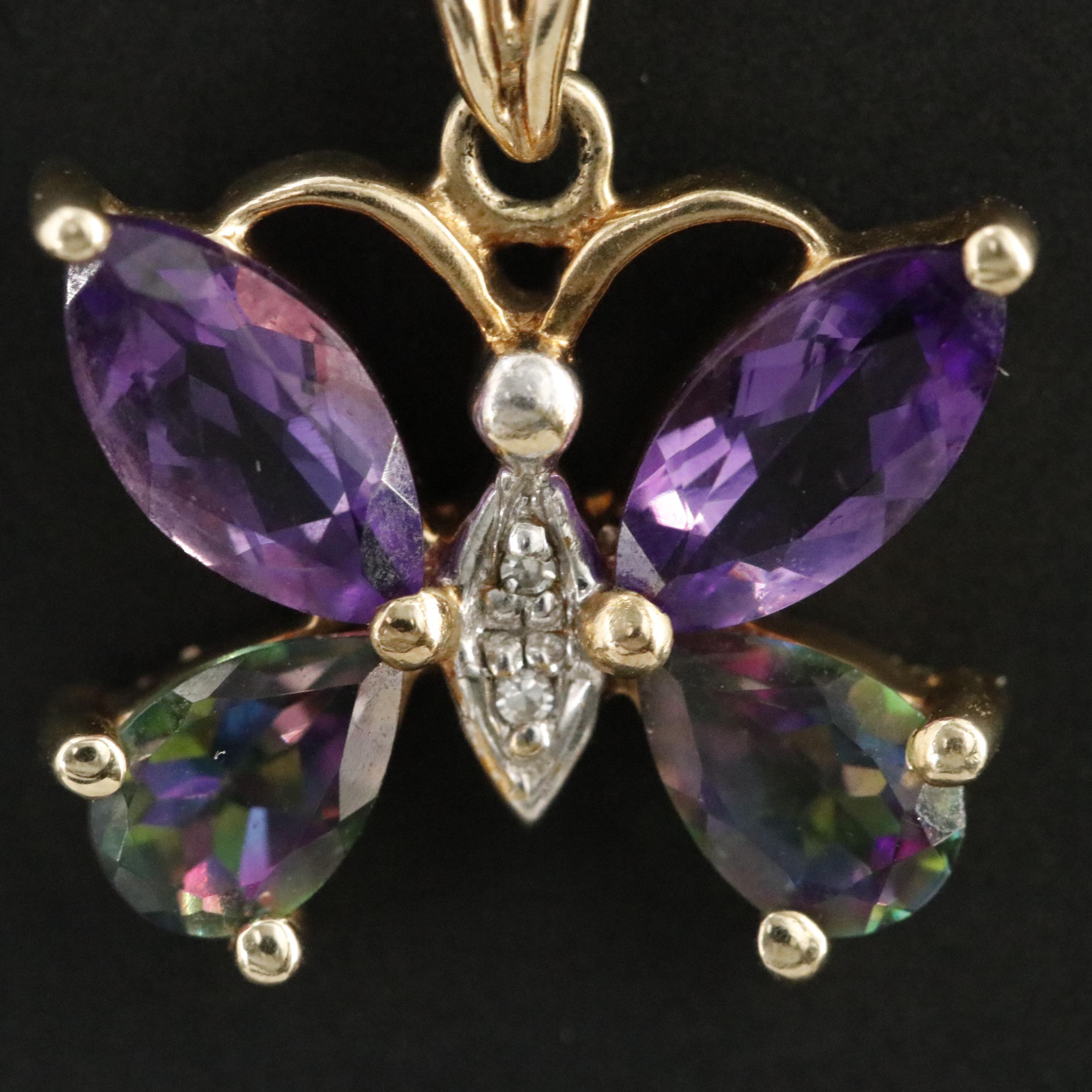 10K Amethyst, Mystic Topaz and Diamond Butterfly Pendant