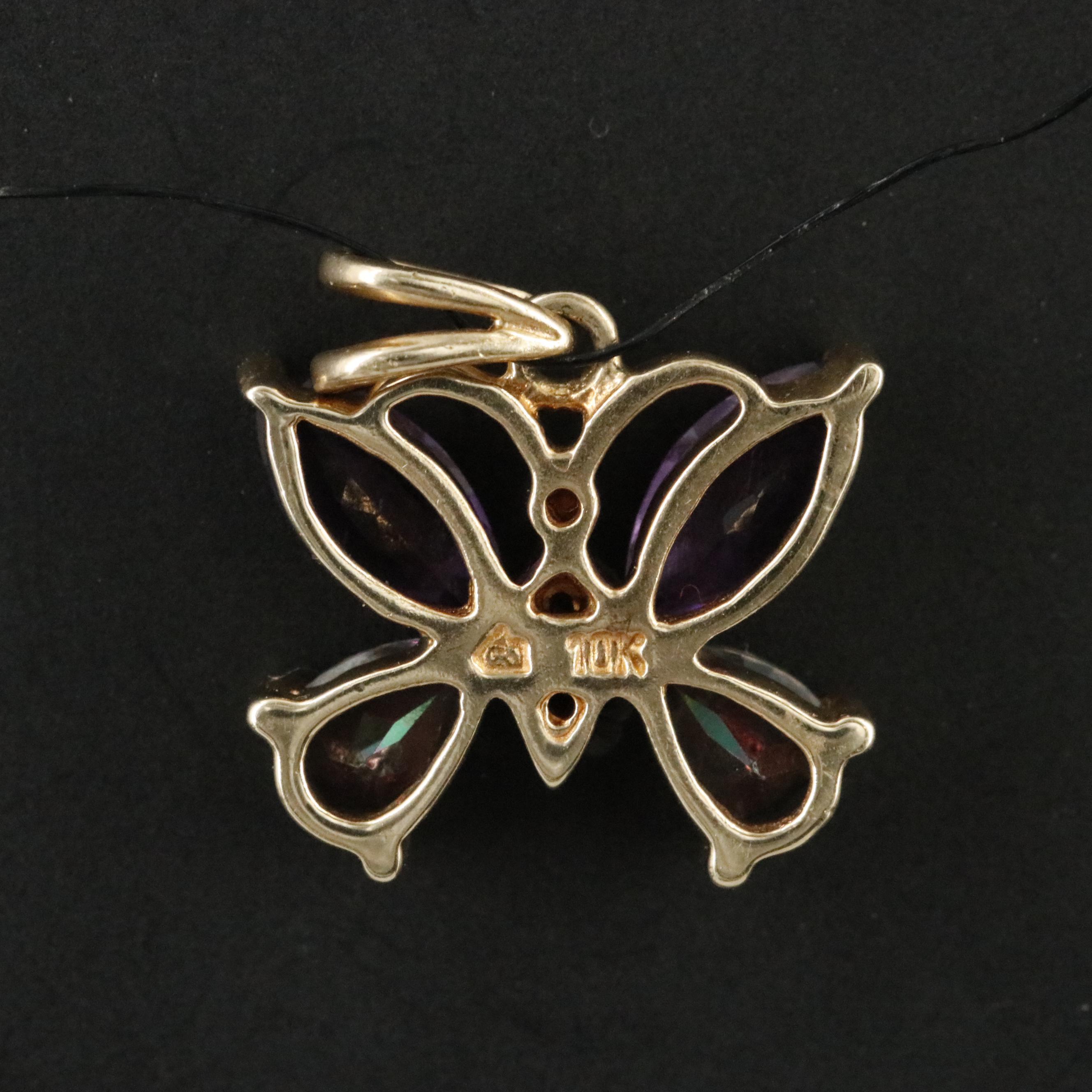 10K Amethyst, Mystic Topaz and Diamond Butterfly Pendant