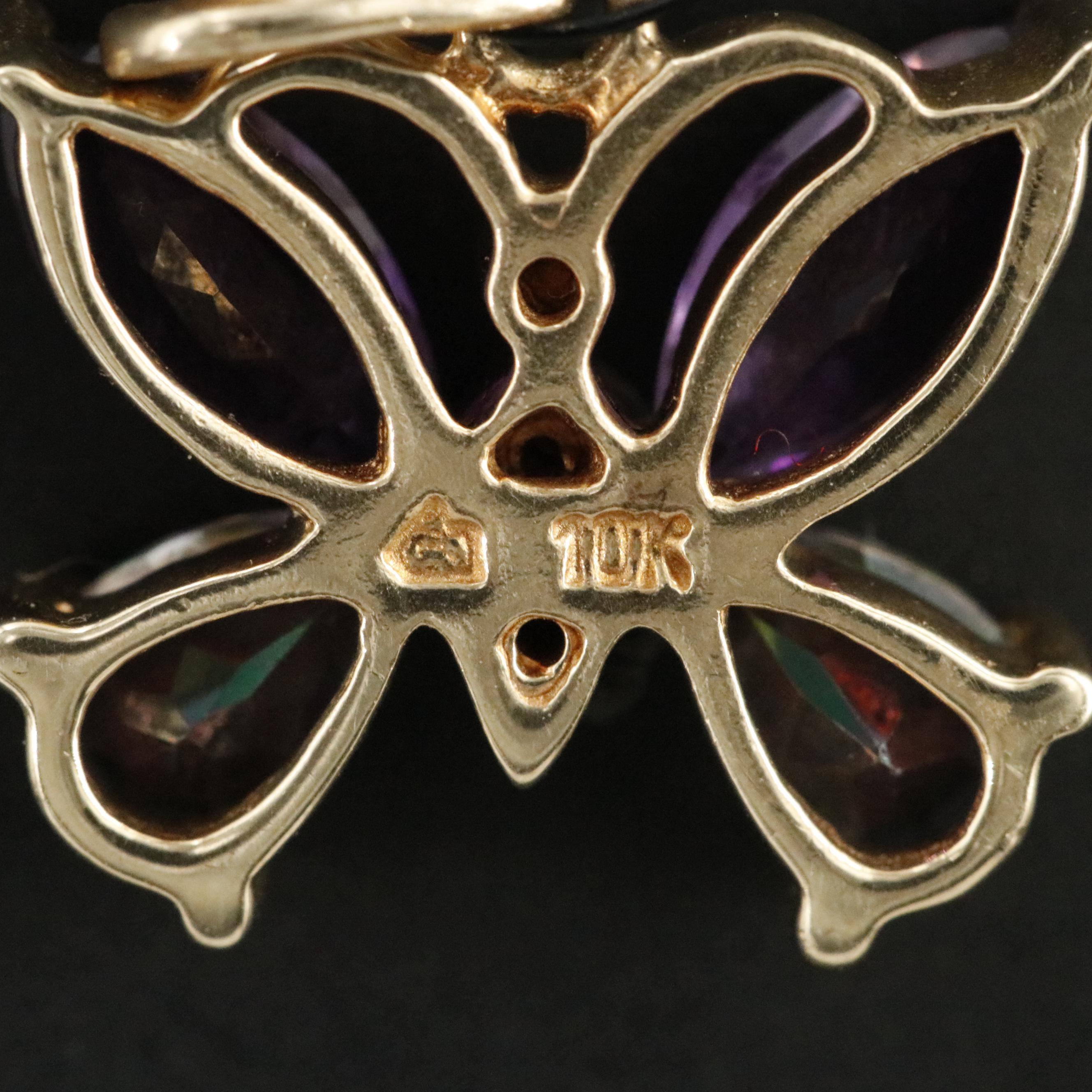10K Amethyst, Mystic Topaz and Diamond Butterfly Pendant