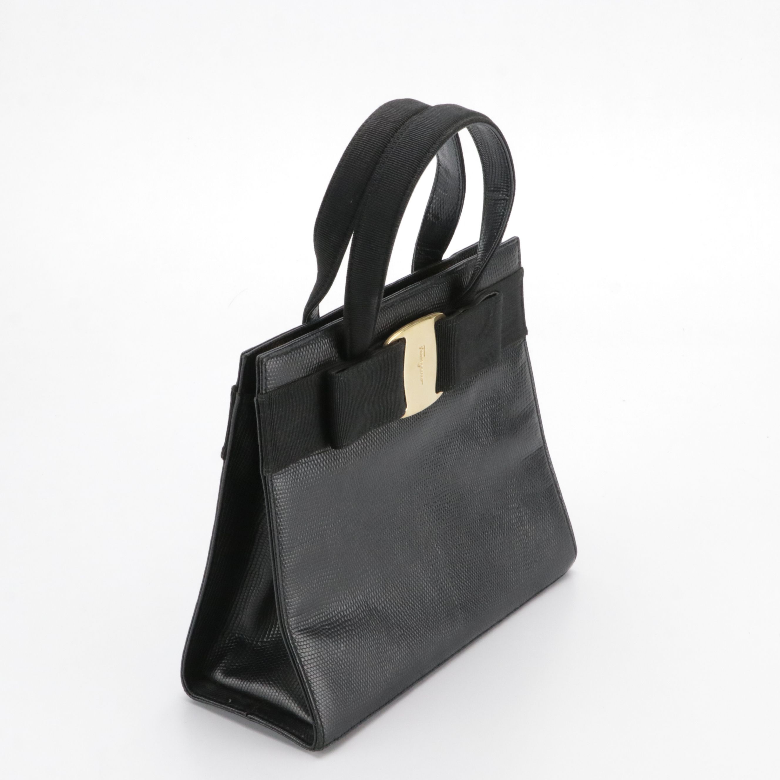 Salvatore Ferragamo Vara Bow Top Handle Bag in Black Lizard Embossed Leather