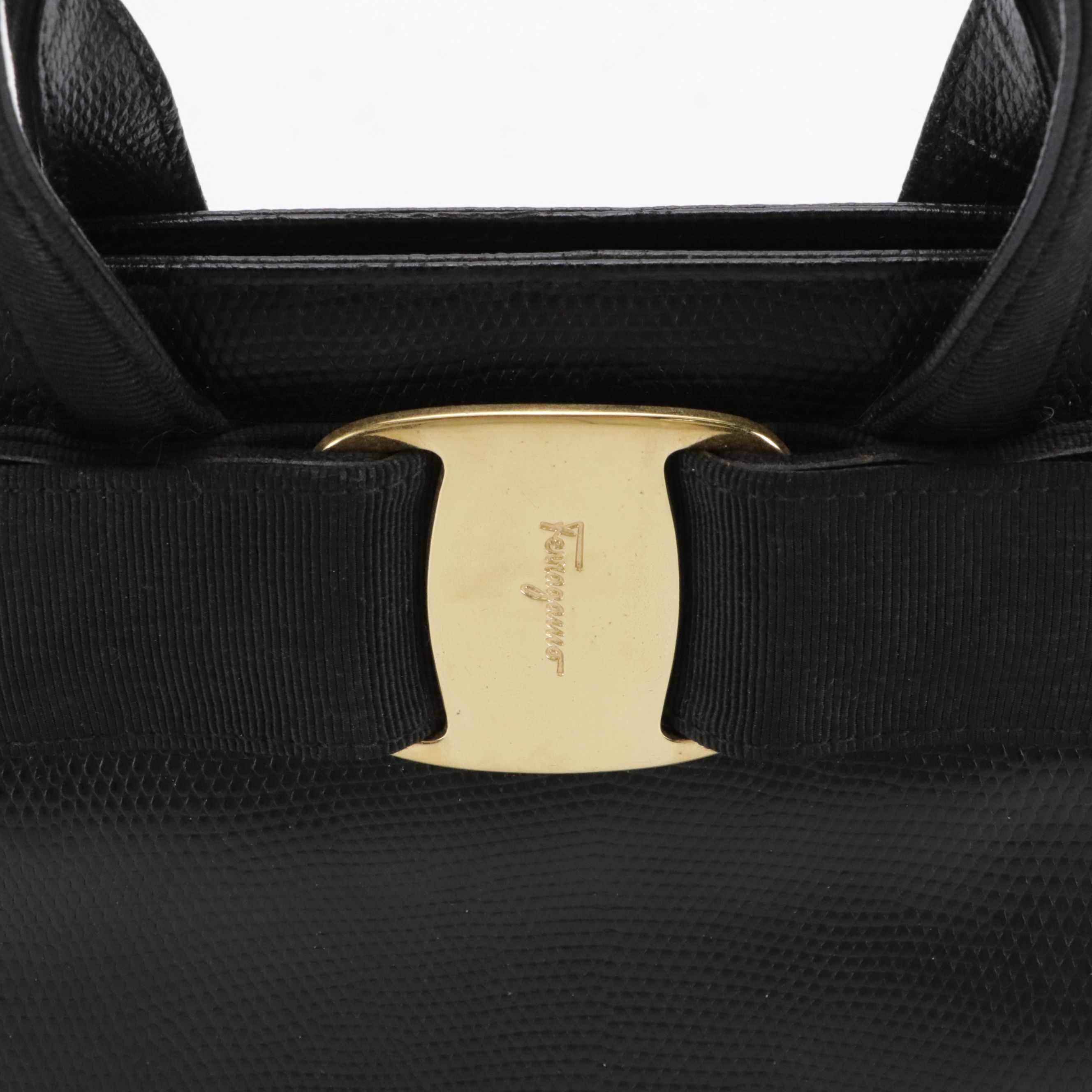 Salvatore Ferragamo Vara Bow Top Handle Bag in Black Lizard Embossed Leather