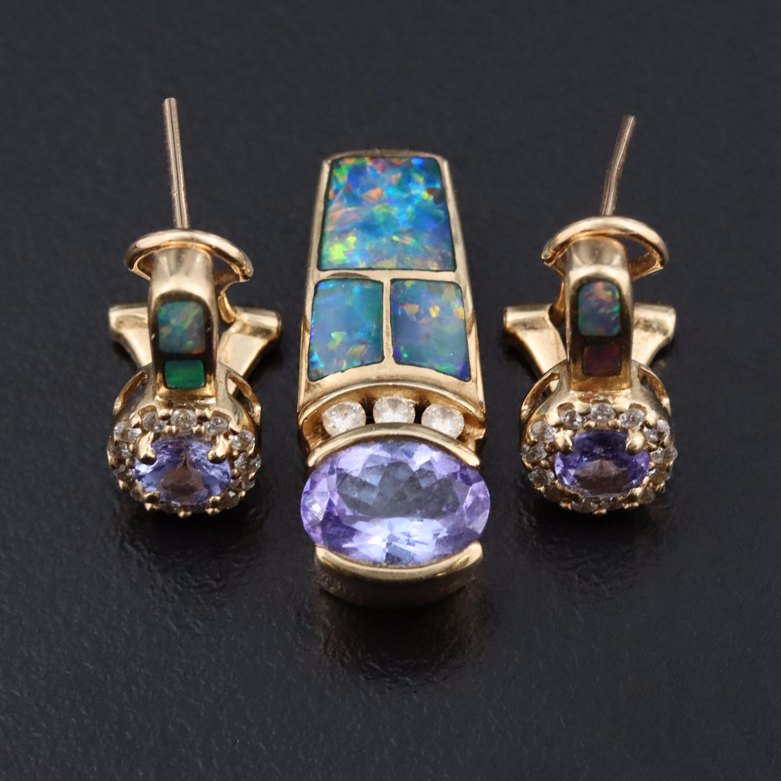14K Tanzanite, Opal Inlay and Diamond Slide Pendant and Earrings