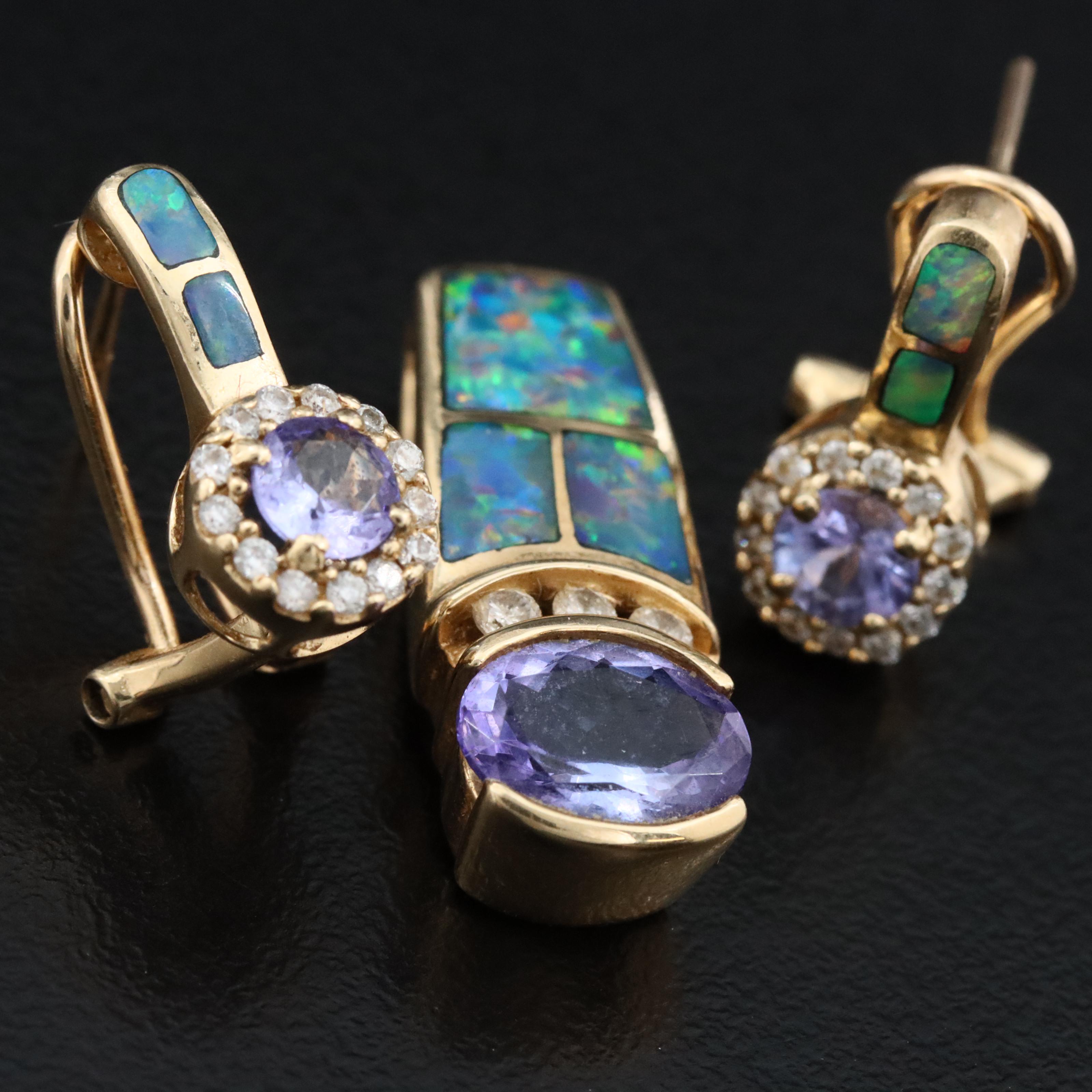 14K Tanzanite, Opal Inlay and Diamond Slide Pendant and Earrings