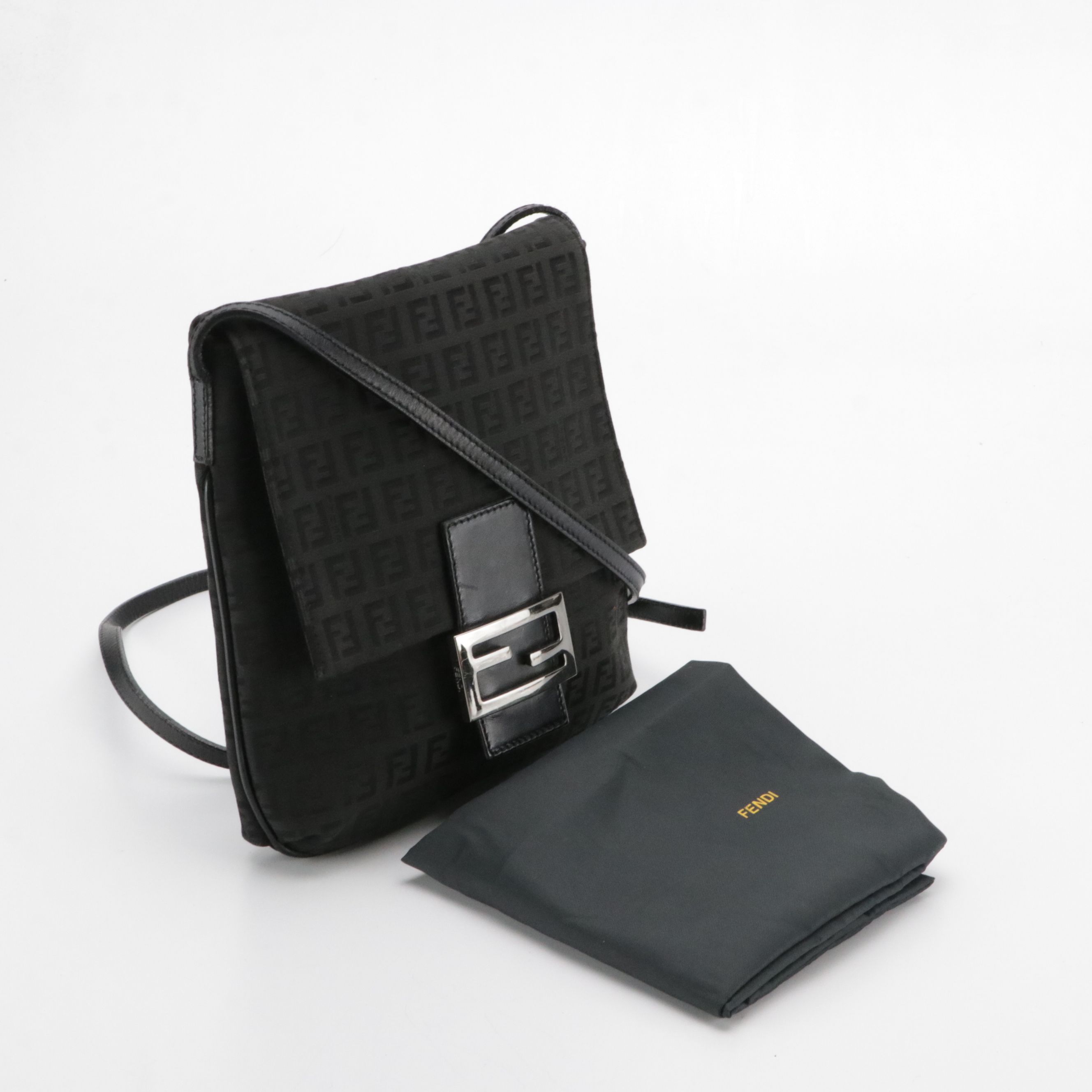 Fendi Front Flap Crossbody Bag in Black Zucchino Canvas and Leather Trim