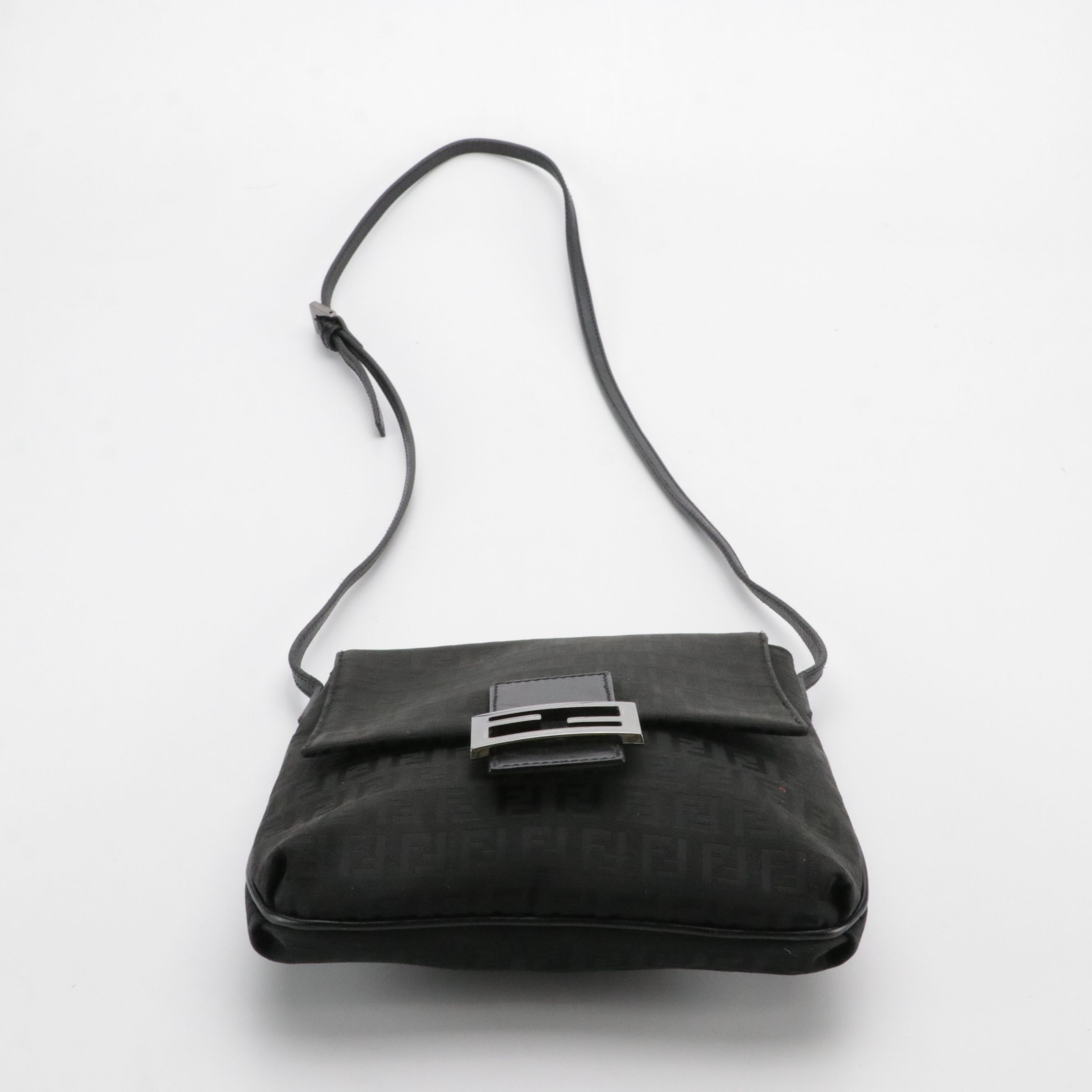 Fendi Front Flap Crossbody Bag in Black Zucchino Canvas and Leather Trim