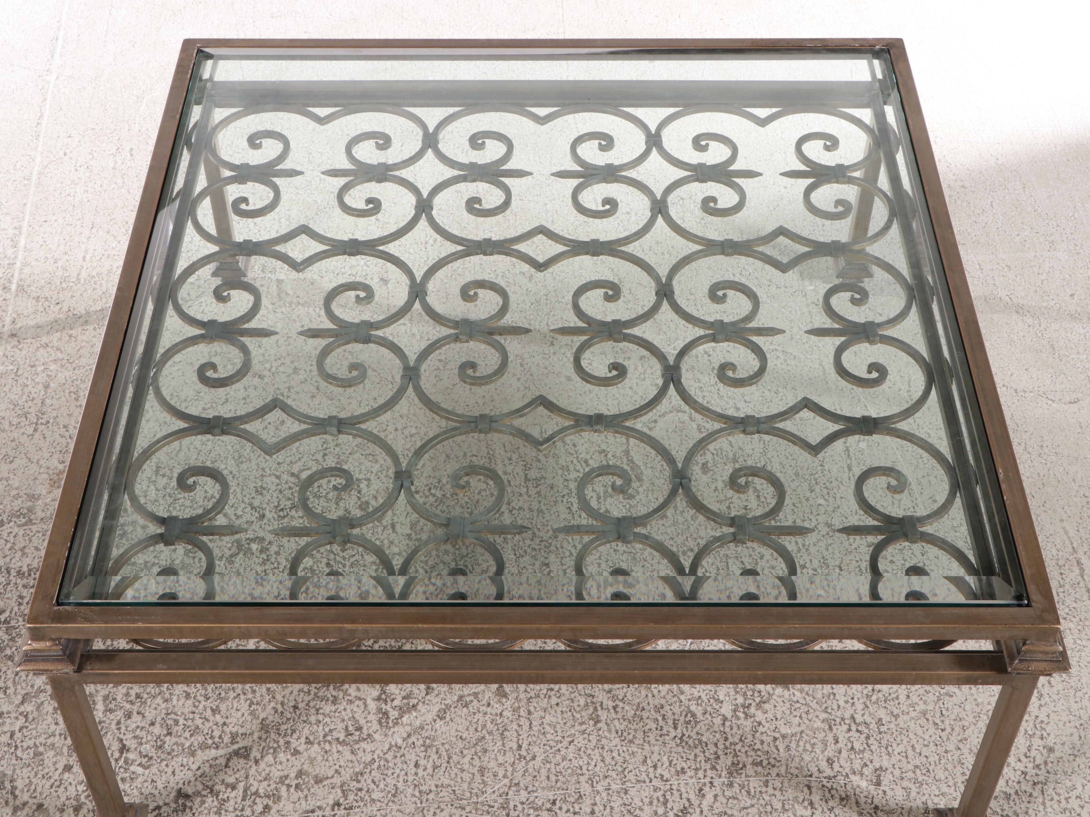 Contemporary Scrolled Metal Glass Top Coffee Table