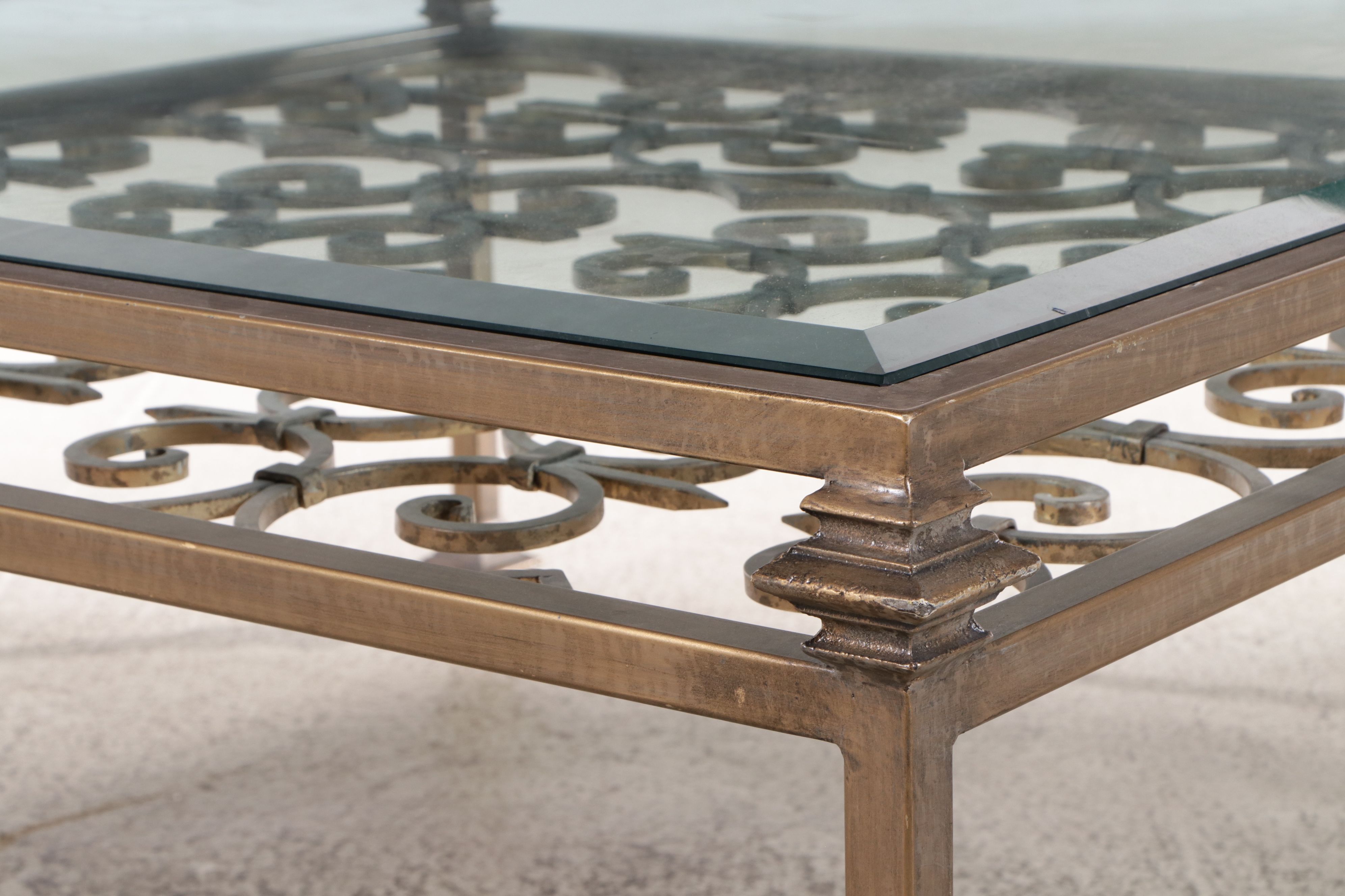 Contemporary Scrolled Metal Glass Top Coffee Table