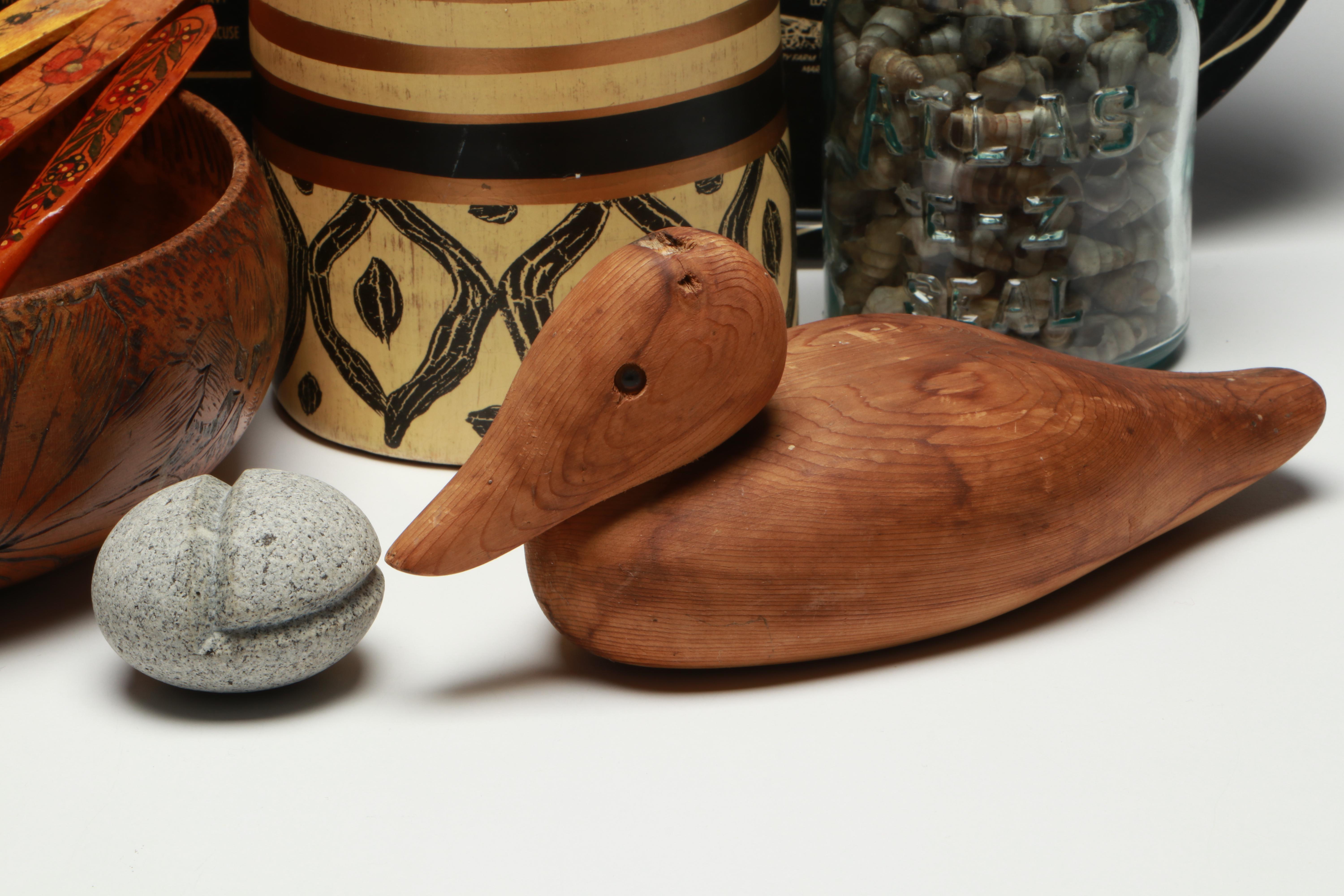 Russian Folk Art Painted Wood Vase and Spoons with Other Vintage Table Décor