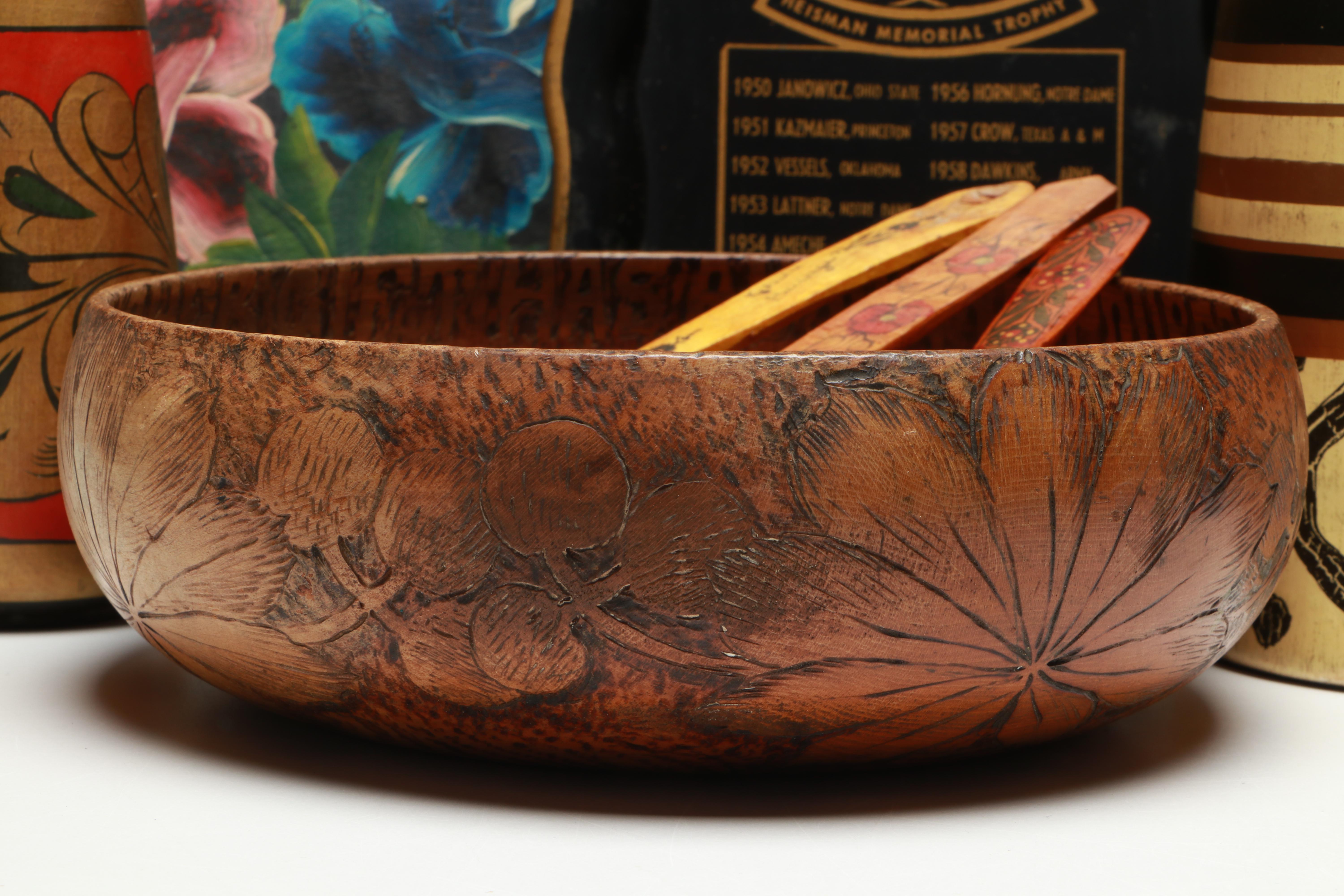 Russian Folk Art Painted Wood Vase and Spoons with Other Vintage Table Décor