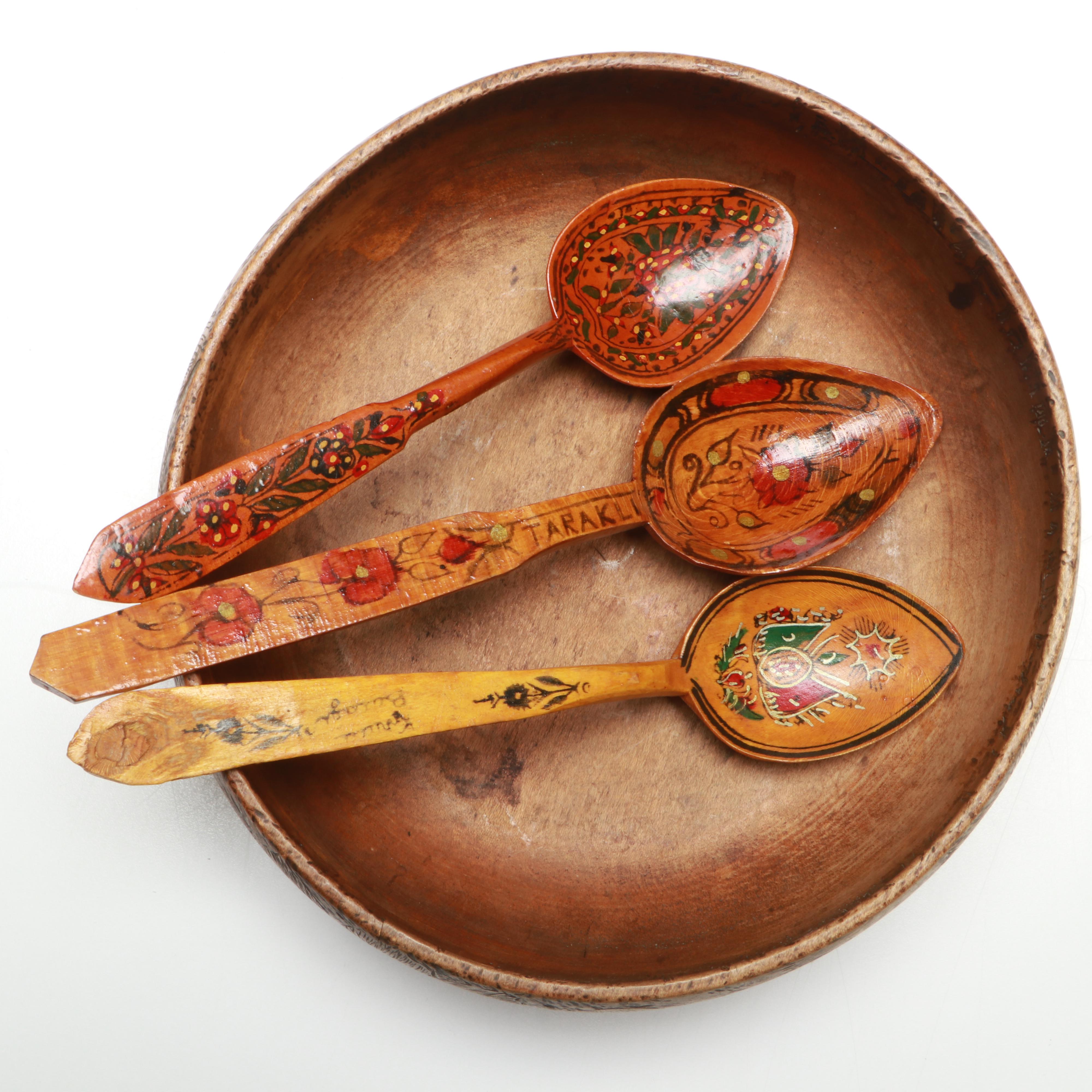 Russian Folk Art Painted Wood Vase and Spoons with Other Vintage Table Décor